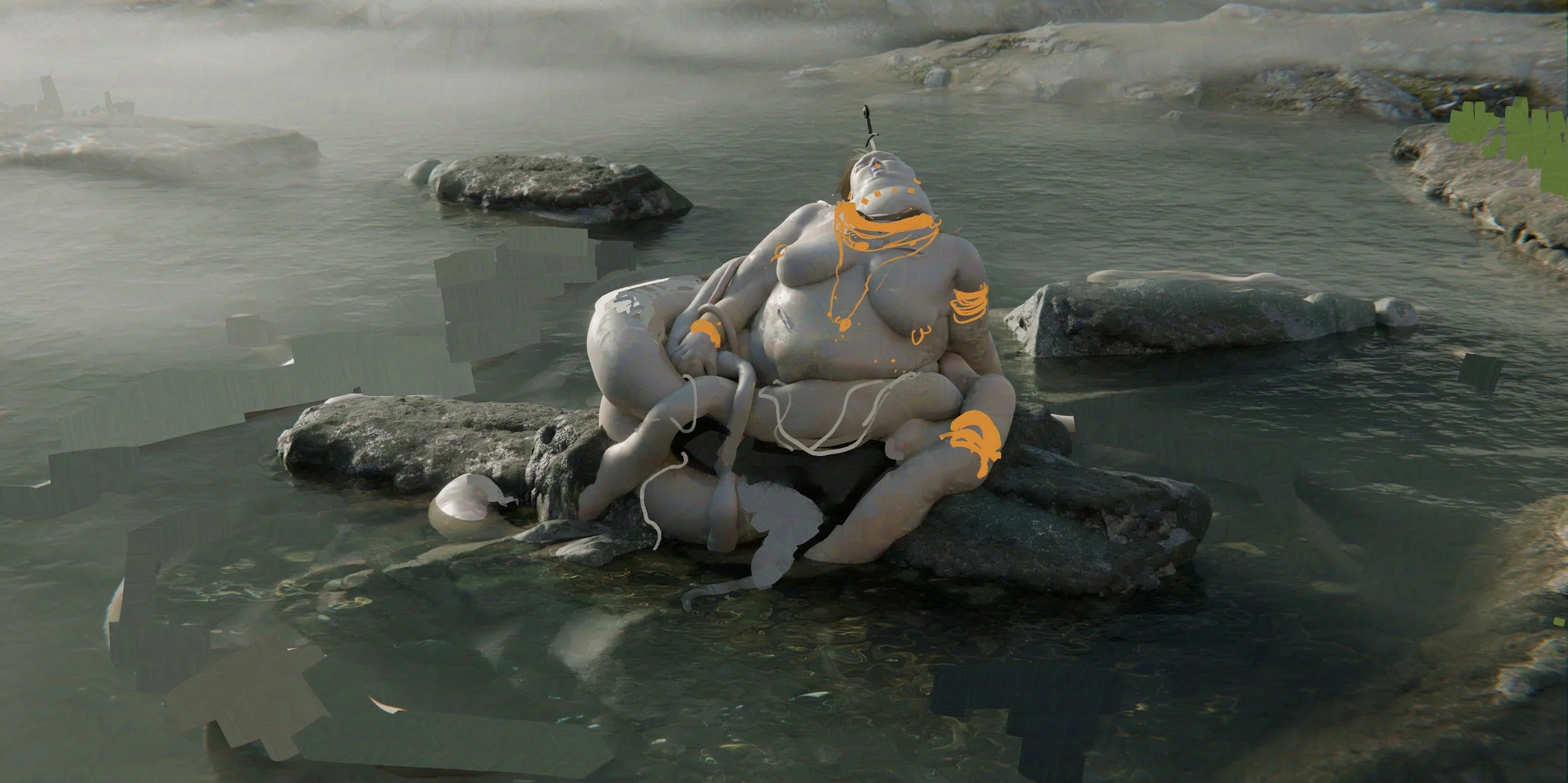 A sketch of a reimagination of the lady of the lake with multiple limbs and a mechanical appearance, sitting on a rock in a misty body of water surrounded by rocks and land, concept art for King