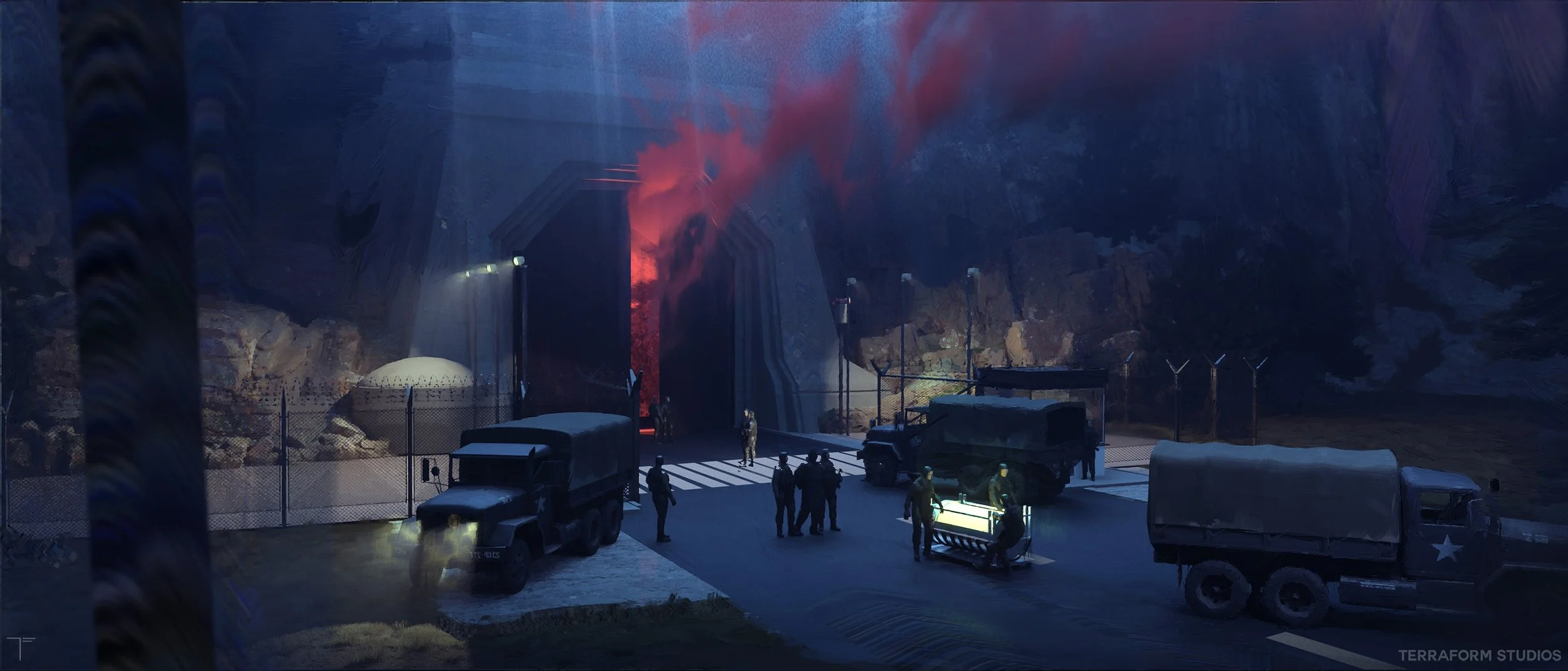 Cinematic sonic 3 environment concept art showing a secret military base in the mountains at night.