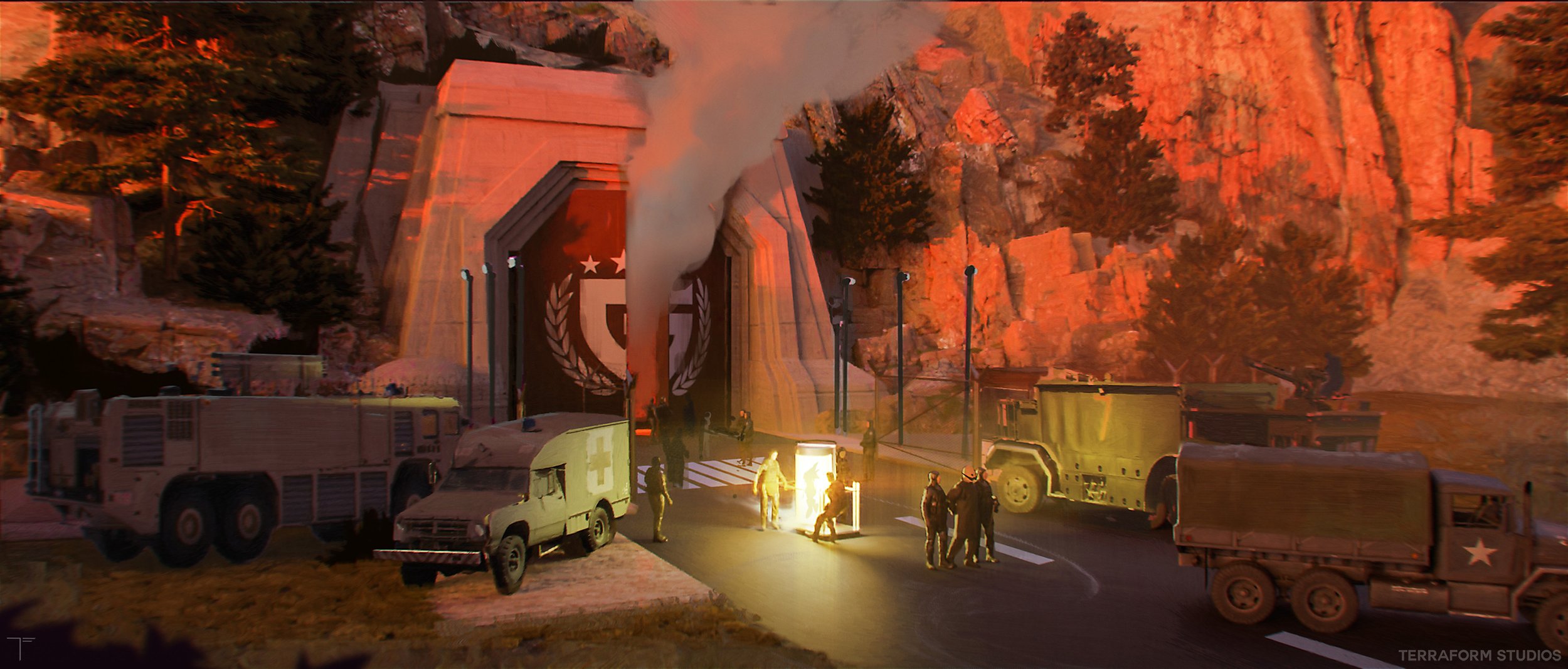 Cinematic sonic 3 environment concept art showing a secret military base in the mountains at sunrise.