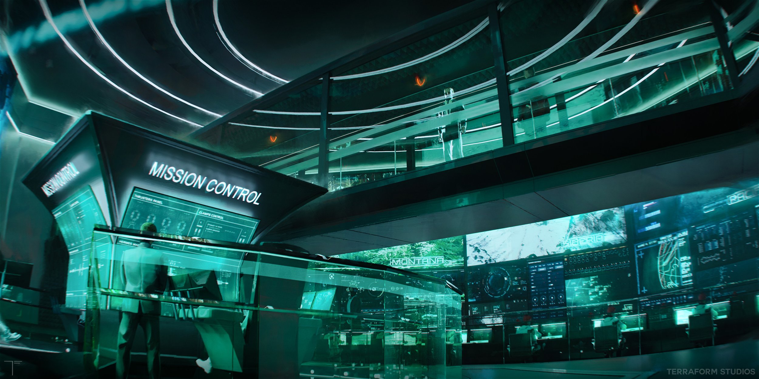 Cinematic sonic 3 environment film production artwork showing the data center base of the bad guys in a moody green light.