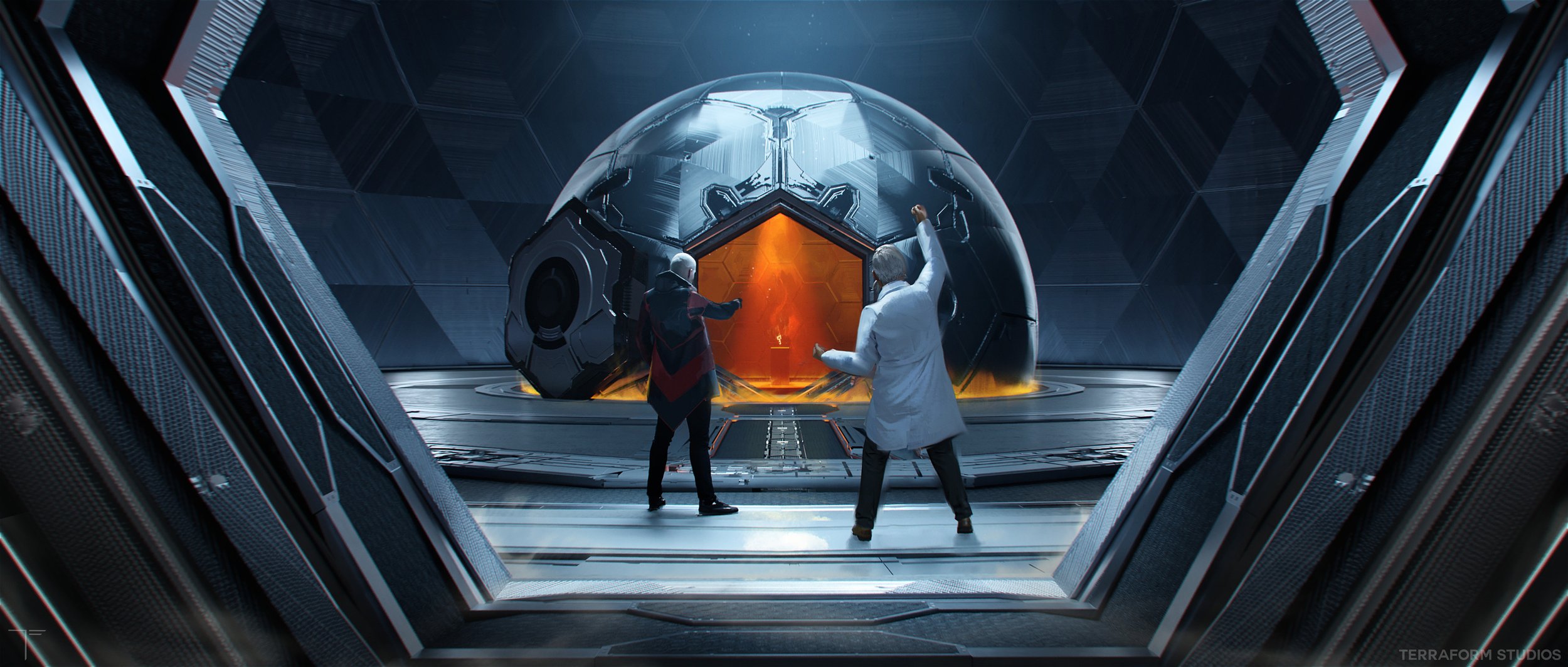 Cinematic sonic 3 environment concept art showing Jim Carey's character Dr. Robotnik and his assistant breaking into the G.U.N. Vault