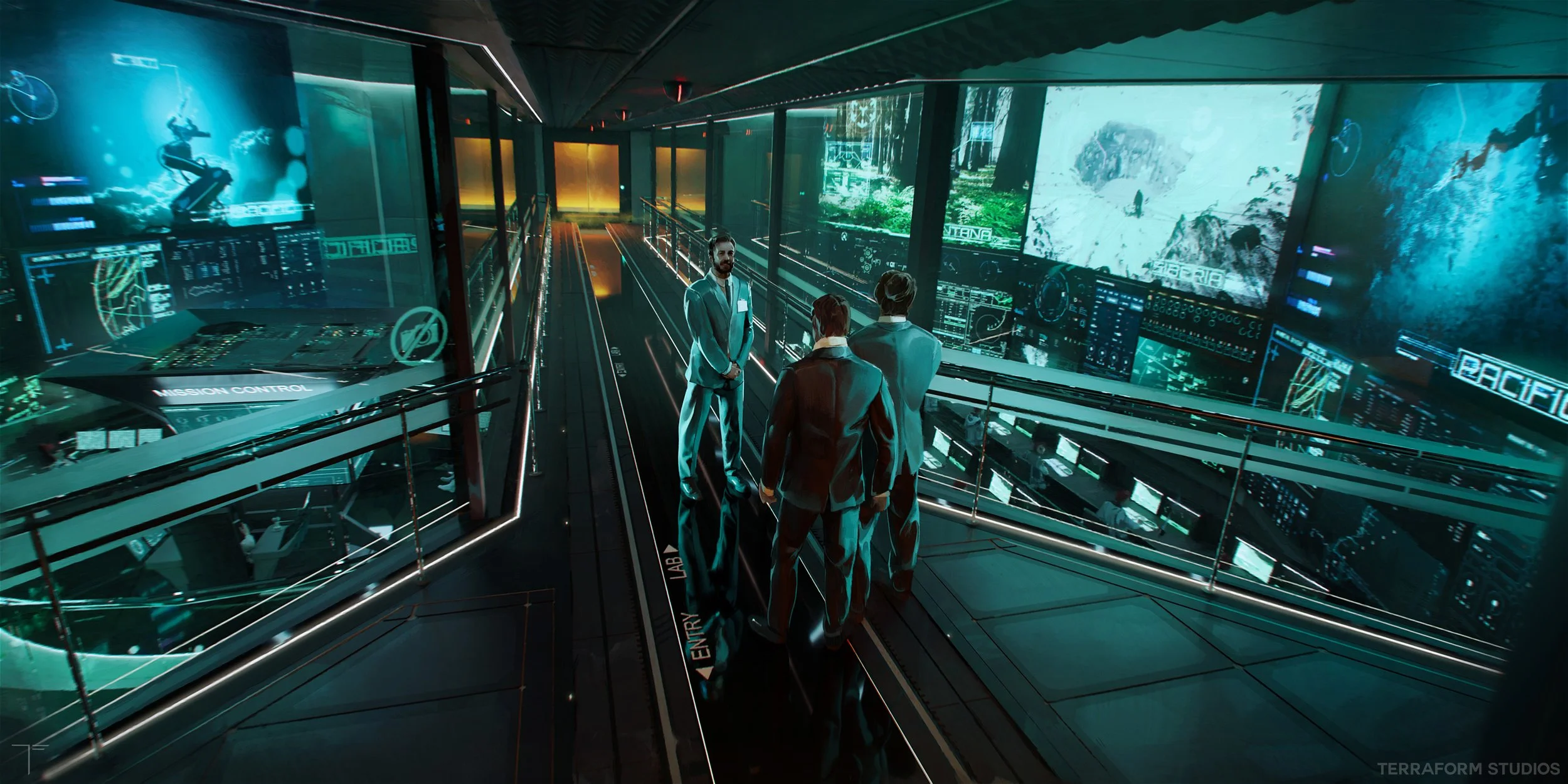 Cinematic sonic 3 environment concept art showing the data center base of the bad guys in a moody green light.