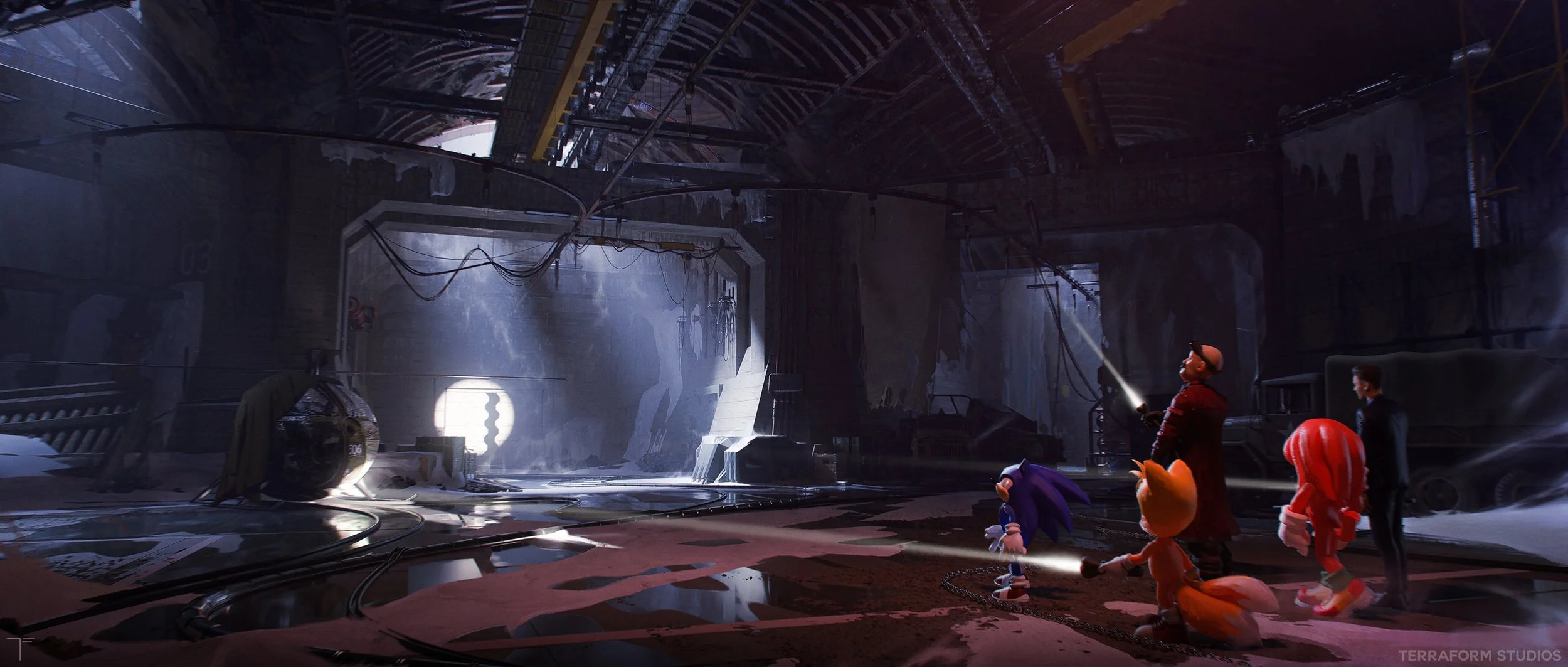 Cinematic concept art piece for the movie Sonic 3 showing Sonic the Hedgehog, Tails and Amy in an abandoned, industrial-looking warehouse with damaged walls and equipment.