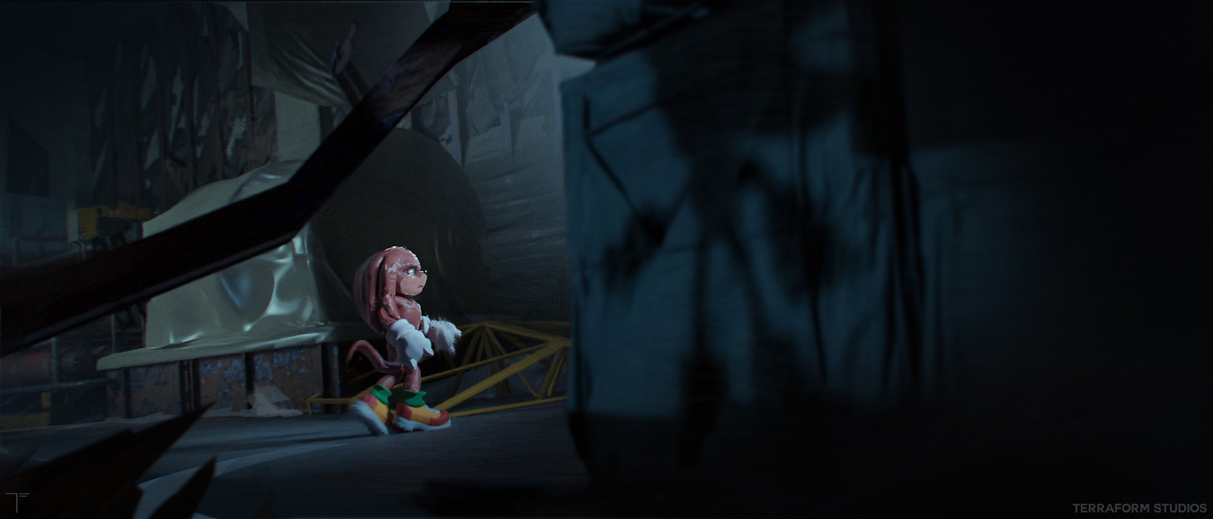 Cinematic sonic 3 environment concept art showing Knuckles walking through a dark moody industrial setting.