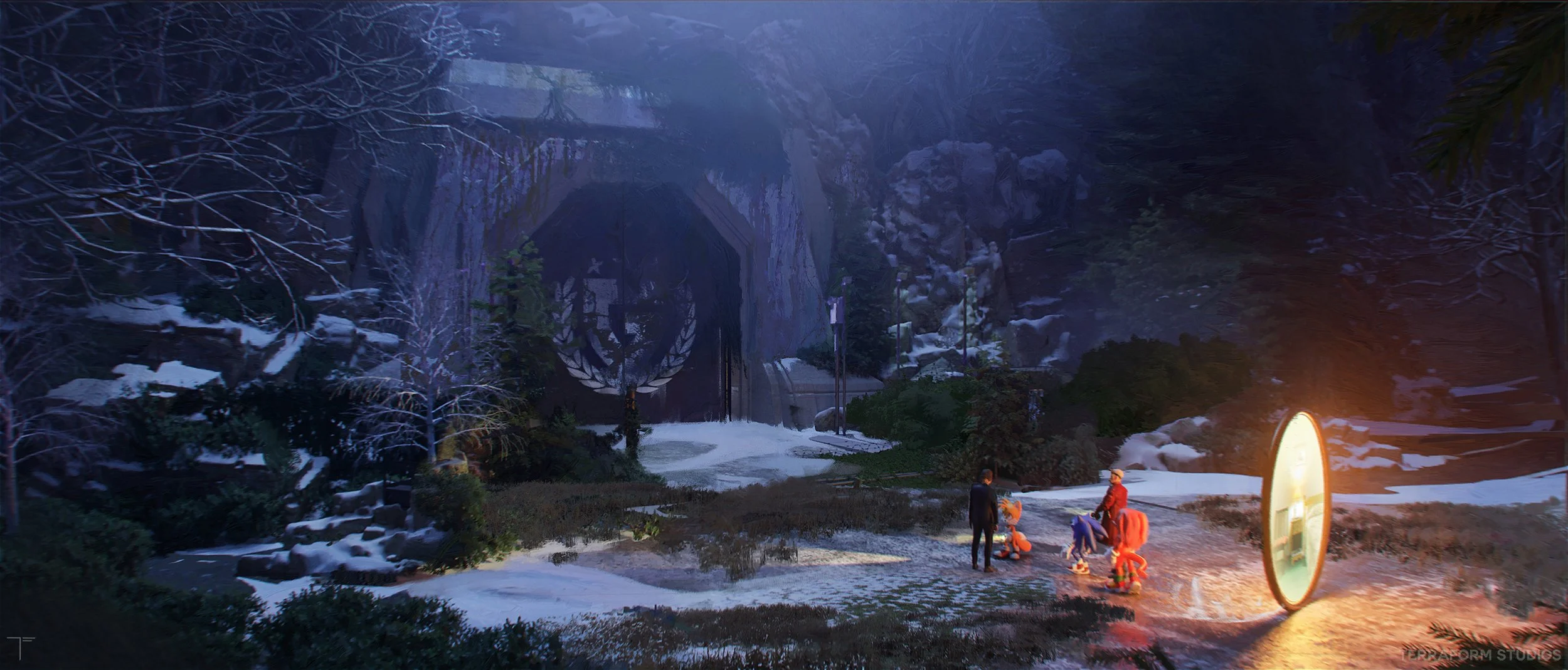 Cinematic sonic 3 environment concept art showing Sonic, Knuckles and Tails exiting a ring portal and stand in front of a secret military base in the mountains.