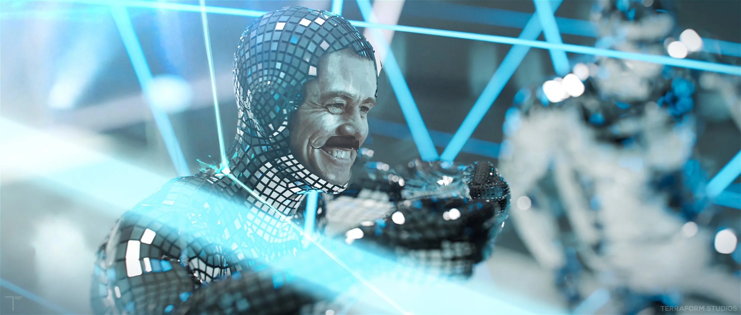 Cinematic sonic 3 environment concept art showing Jim Carey's character Dr. Robotnik, smiling while dancing in his special mirror suite that reflects lasers.