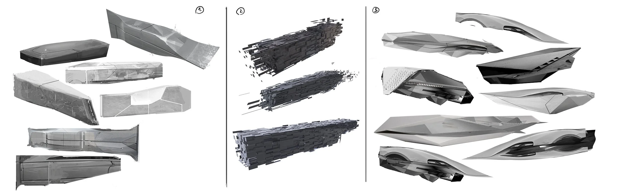 A digital rendering of futuristic vehicle designs, showing different conceptual views and structural components in grayscale.