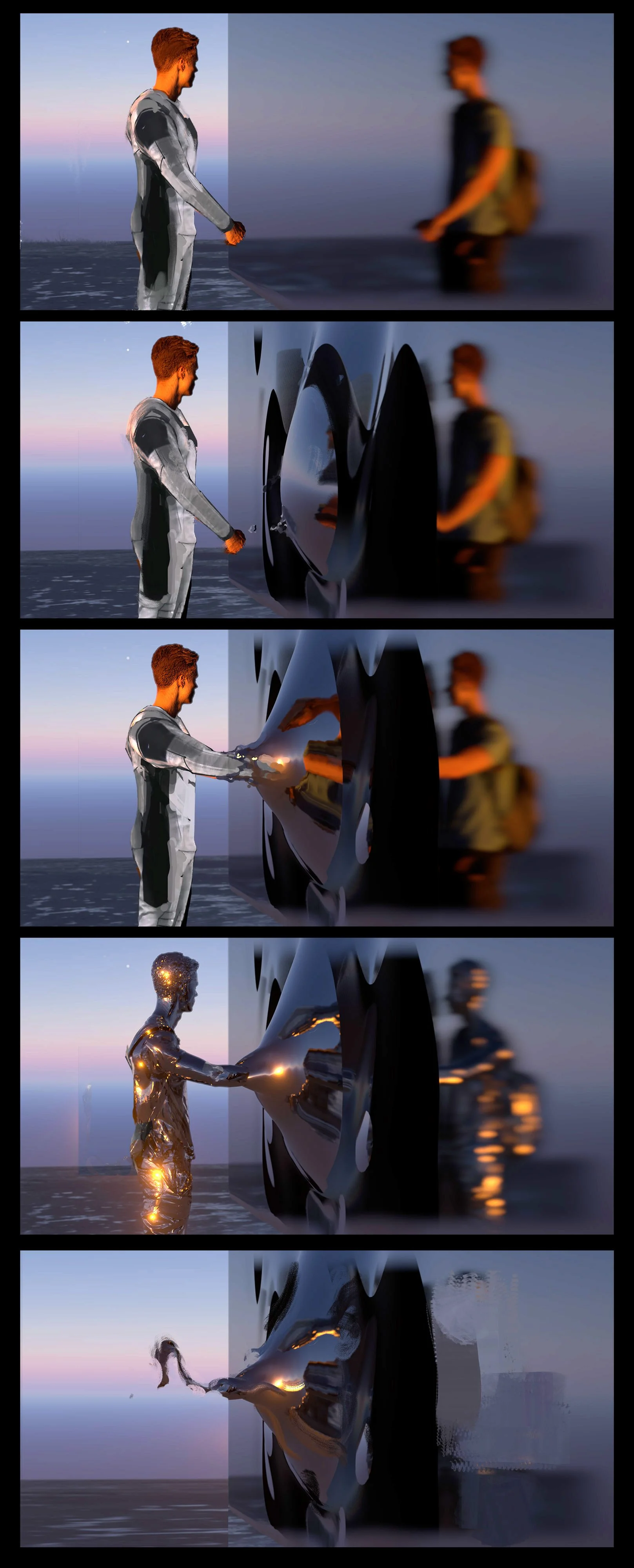 A sequence of images showing a person in a spacesuit transforming into a robot, then into a shiny metallic humanoid, and finally into a small flying creature, all against a background of water and sky.
