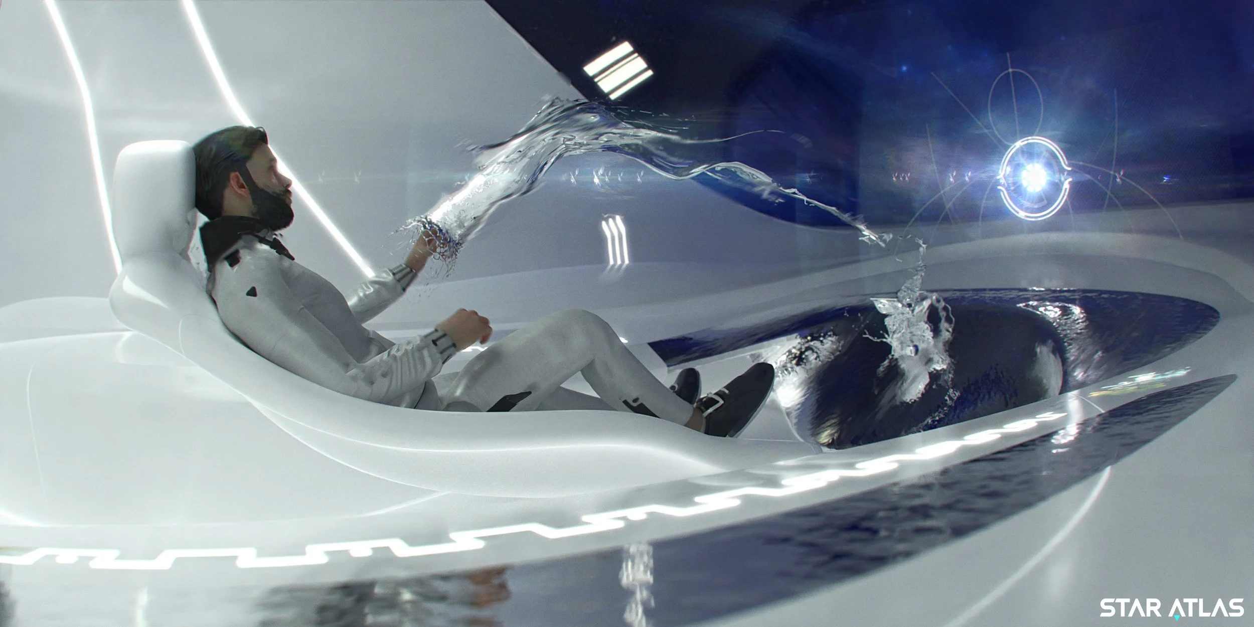A person with a beard sitting in a futuristic white pod-like chair, touching a transparent water surface inside a sleek, high-tech room, with glowing arcs and a bright circular light on a screen.