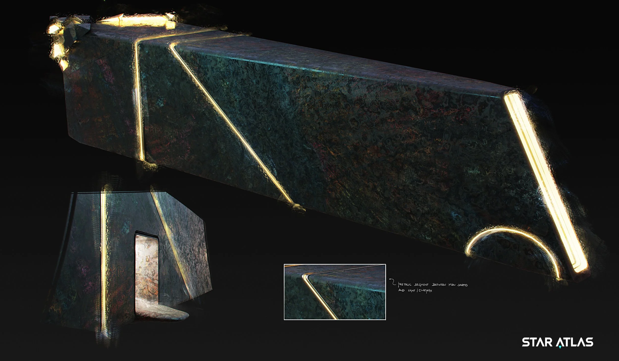 Futuristic spaceship with metallic segments between main shapes and light/energy accents, labeled as part of the Star Atlas project.