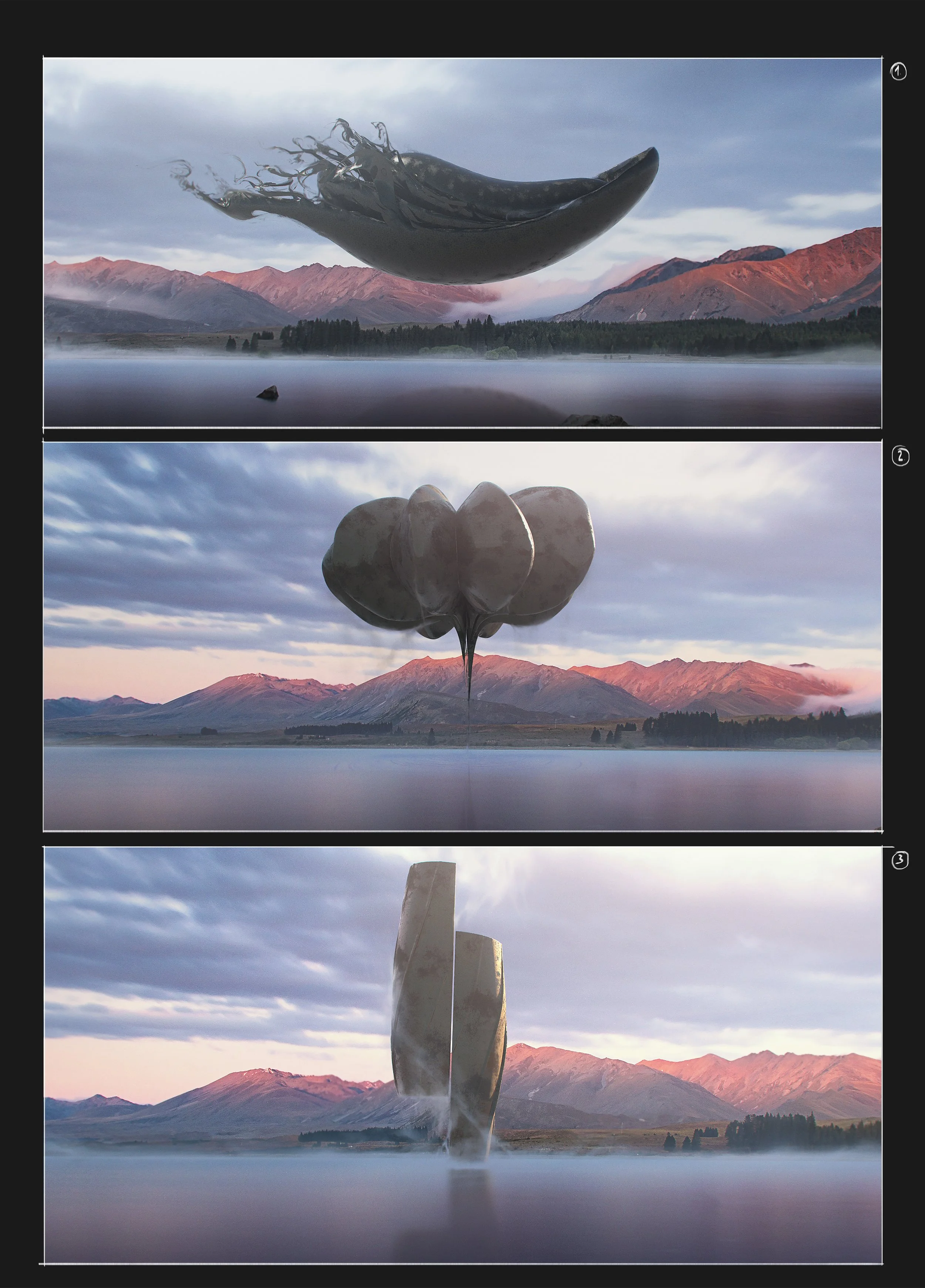 Multiple photographs of a sculpture in a natural landscape, showing a whalelike structure, a cluster of rounded shapes, and a tall rectangular form, set against mountains and cloudy sky.