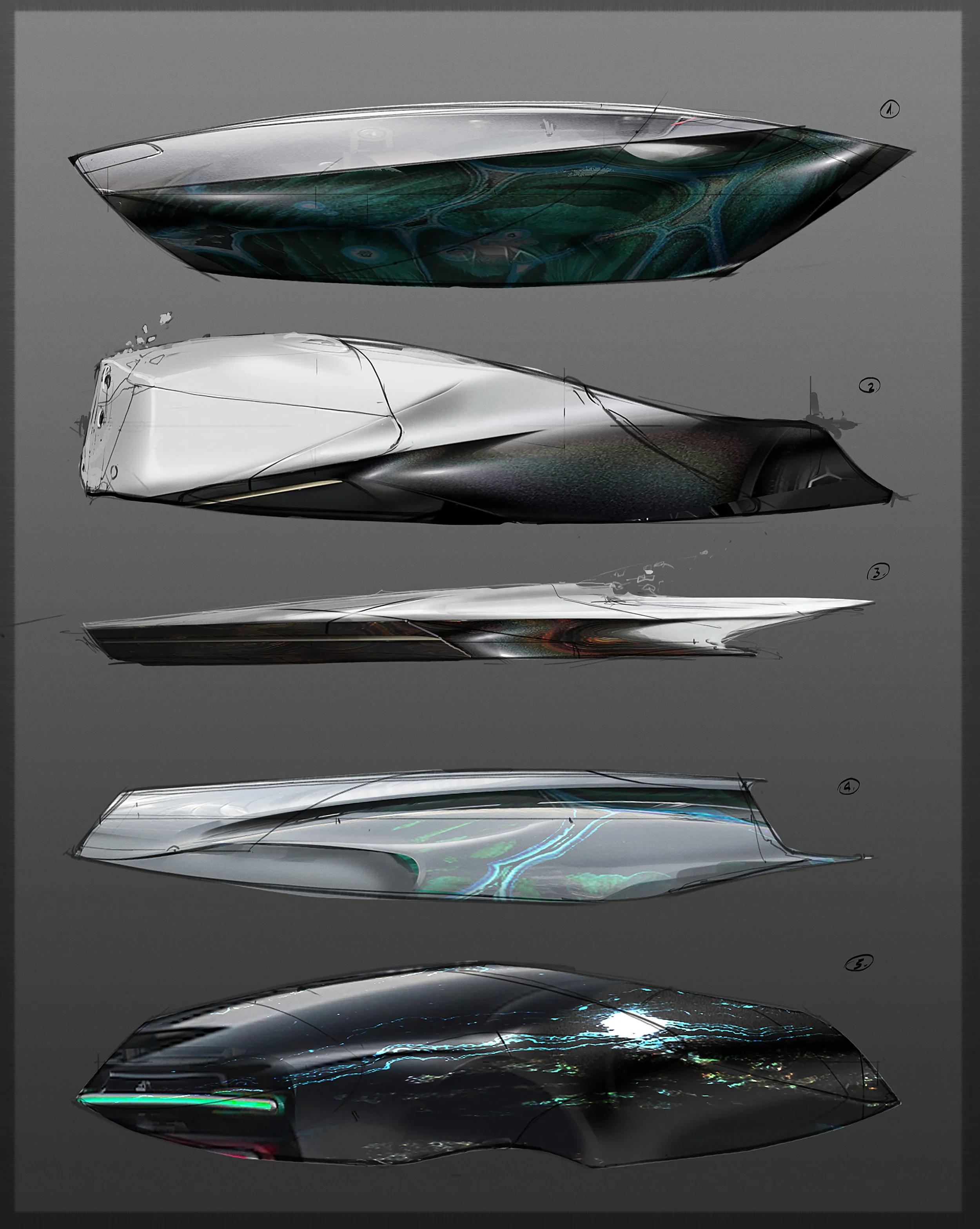 Series of futuristic concept car designs shown from side view, illustrating different angles and aerodynamic shapes with sleek, metallic finishes and holographic elements.