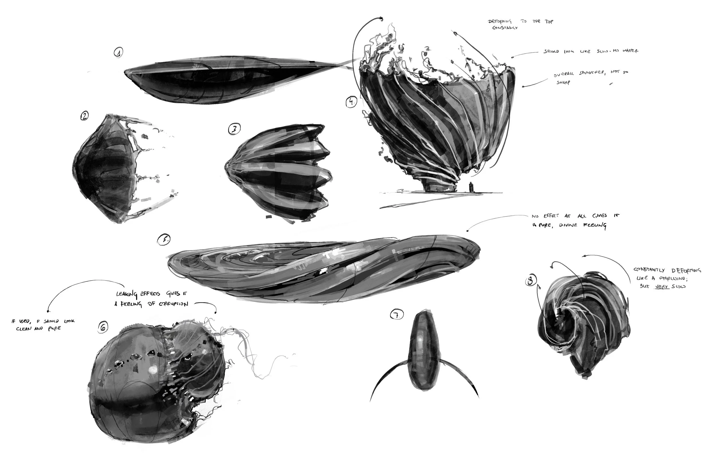 Sketches of various abstract, layered, organic forms with handwritten notes detailing design ideas, textures, and visual effects.