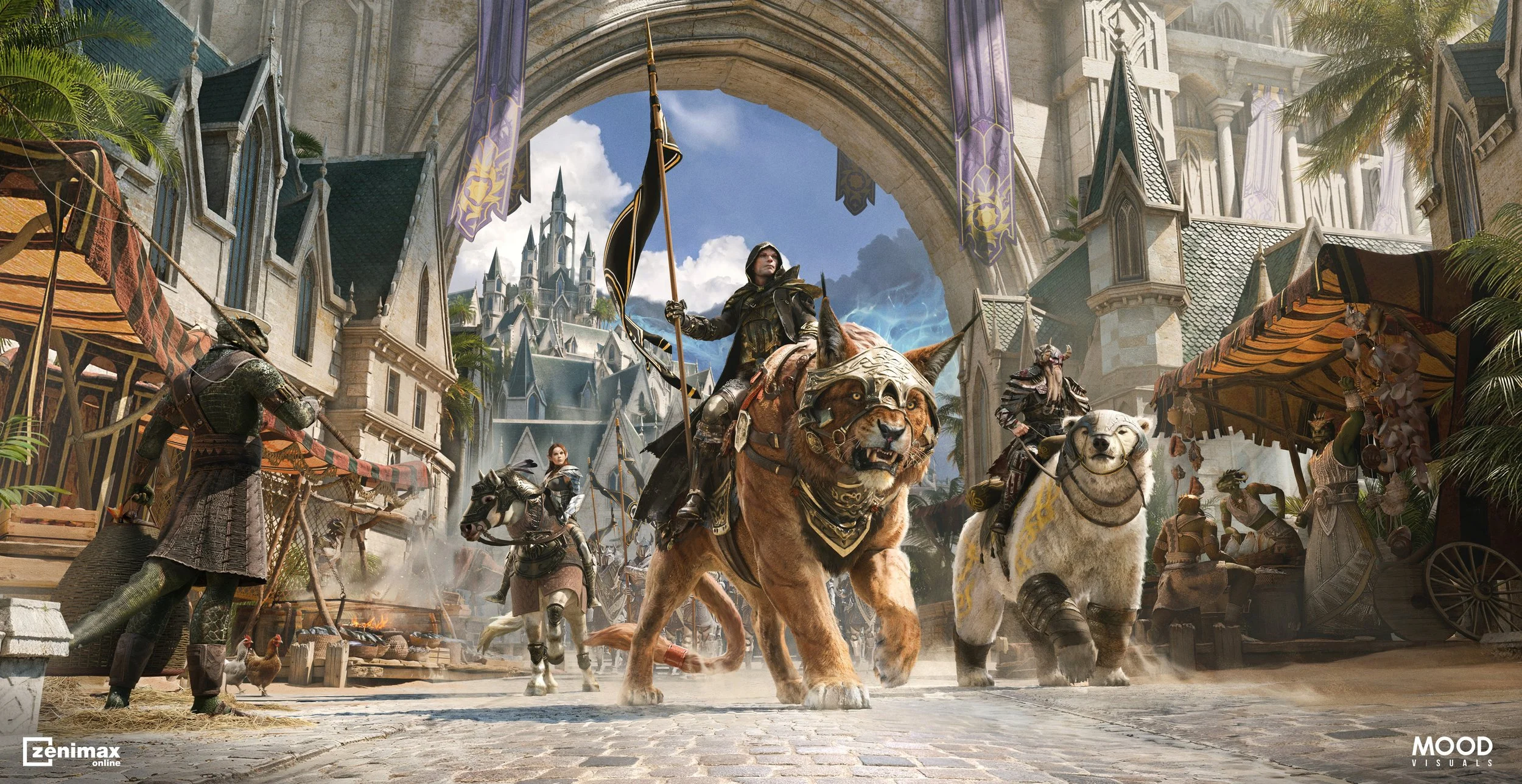 Highly detailed and cinematic keyart for The Elder Scrolls Online, showing 3 heroes on their mounts walking heroically through the city streets, followed by an elvish army.