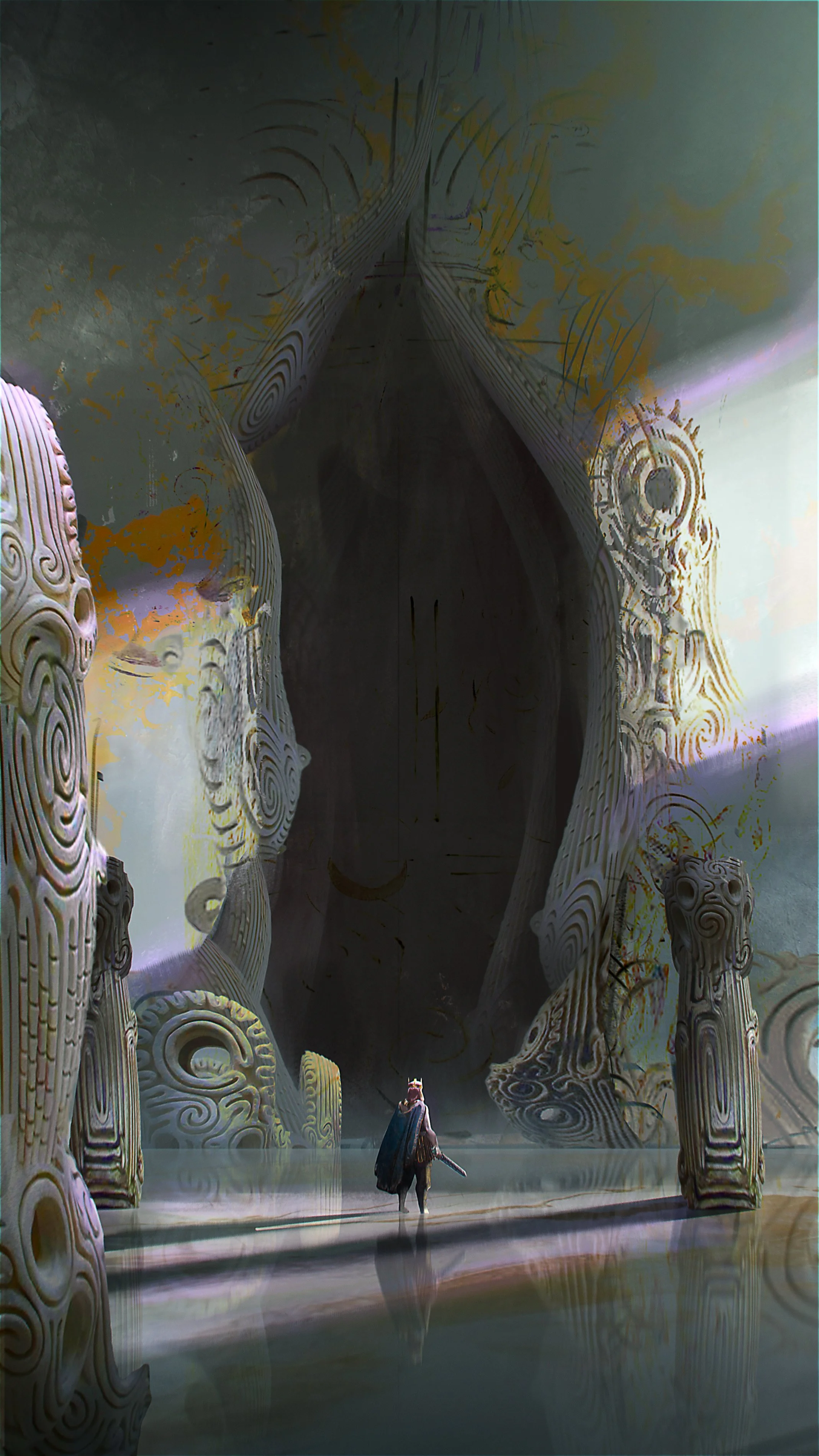 A person wearing armor and a cloak walking towards a large, ancient, carved stone doorway with intricate patterns, inside a mysterious, dimly lit structure, concept art for King