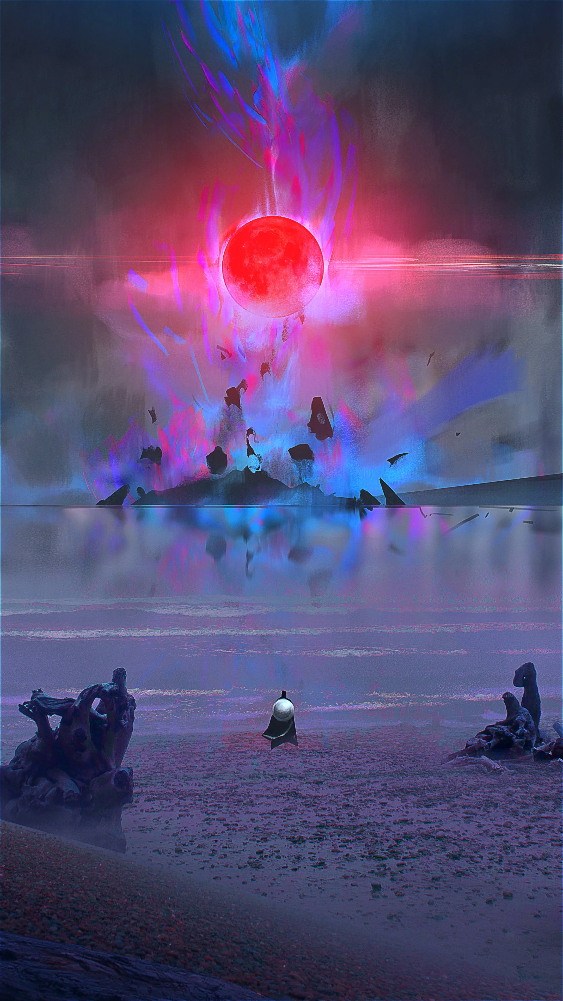 A surreal digital artwork of a beach scene with a large glowing red moon in the sky. The sky is filled with vibrant pink, purple, and blue colors, and abstract patterns. The beach has large driftwood, and a figure wearing a dark cloak and white head covering stands facing the moon, with rocks and reflections in the shallow water.