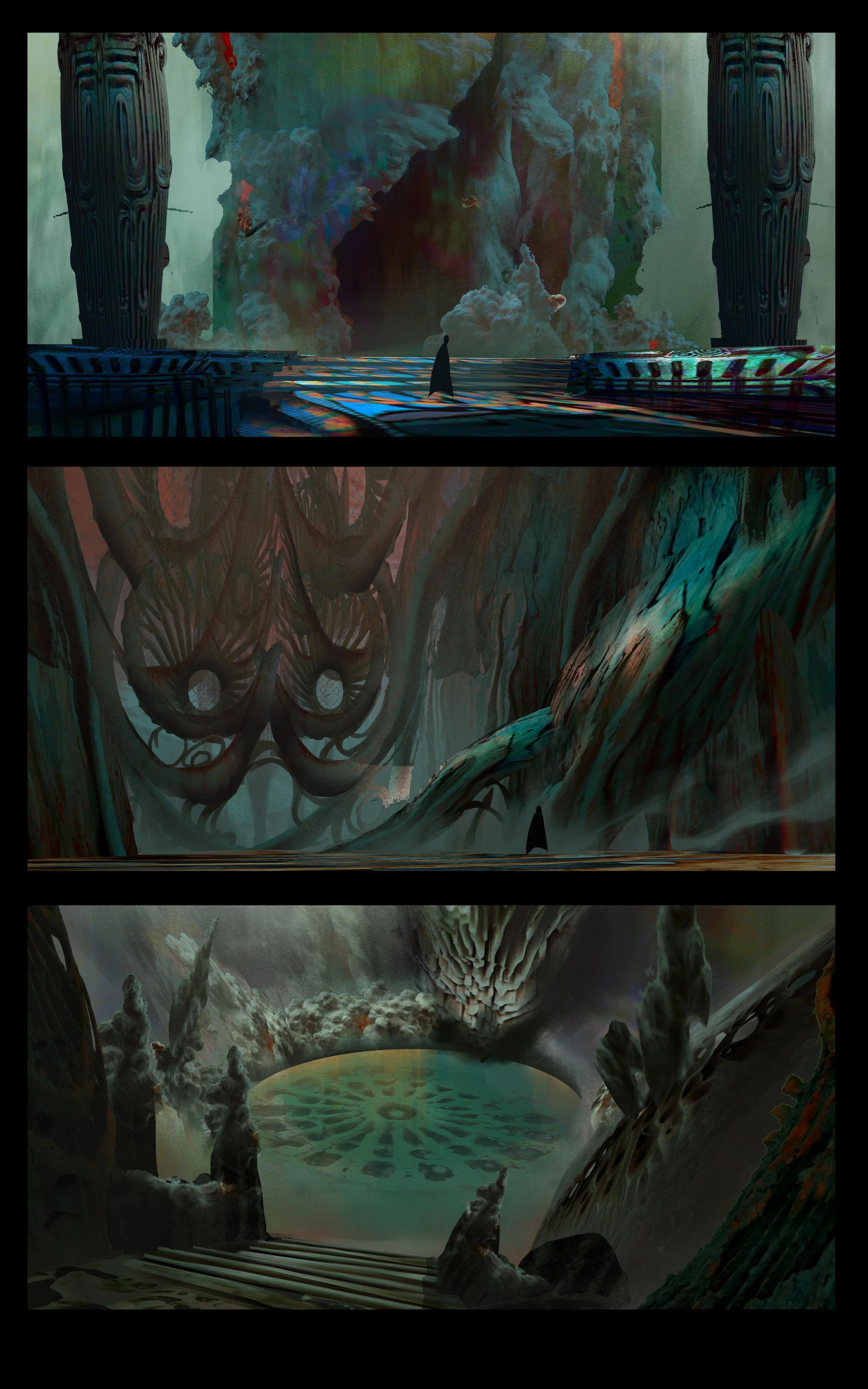A surreal digital artwork depicting a vast, otherworldly landscape with atmospheric scenes. The top panel shows a figure standing on a platform before a swirling, cloud-like formation in a mysterious environment. The middle panel features intricate, abstract designs resembling a skull-shaped formation amidst a dense, textured landscape. The bottom panel reveals a glowing, circular pool of water surrounded by jagged rocks and mist, with a large textured mushroom-shaped structure overhead, illuminated by eerie, diffuse lighting.