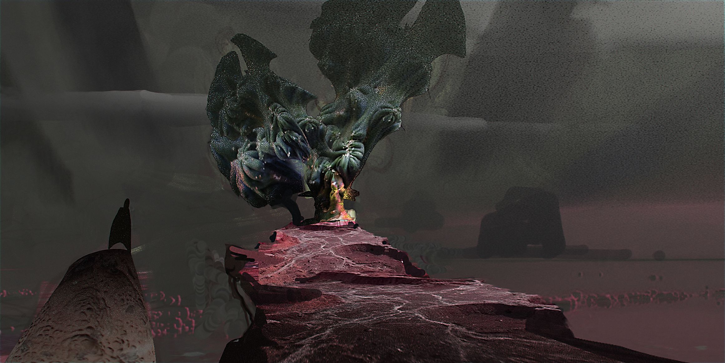A surreal digital artwork depicting a dark, ominous landscape with a large, twisted tree-like structure with black, glossy leaves on a rocky island. The sky is cloudy and foggy, with shadowy figures in the distance.