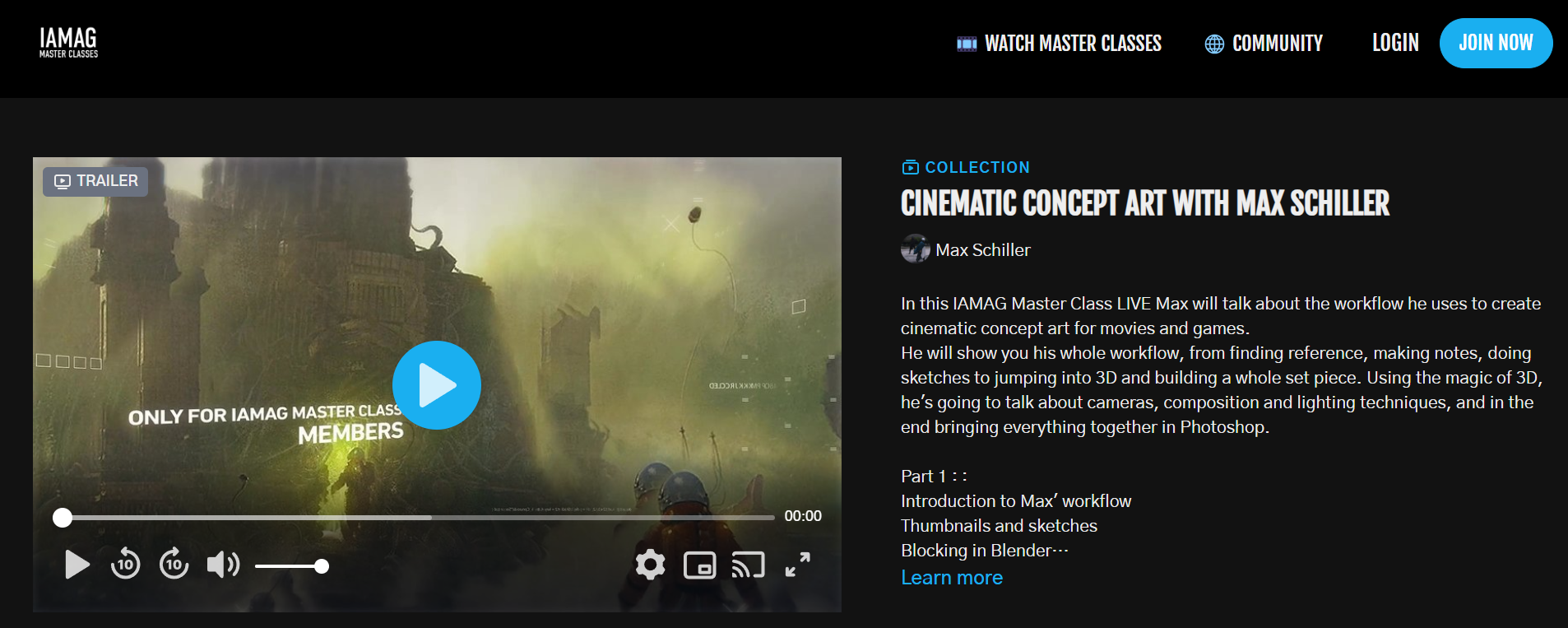 Webpage screenshot of IAMAG Master Classes with a video thumbnail, a play button, and text about cinematic concept art with Max Schiller, including a description of the workshop process for creating cinematic concept art for movies and games.