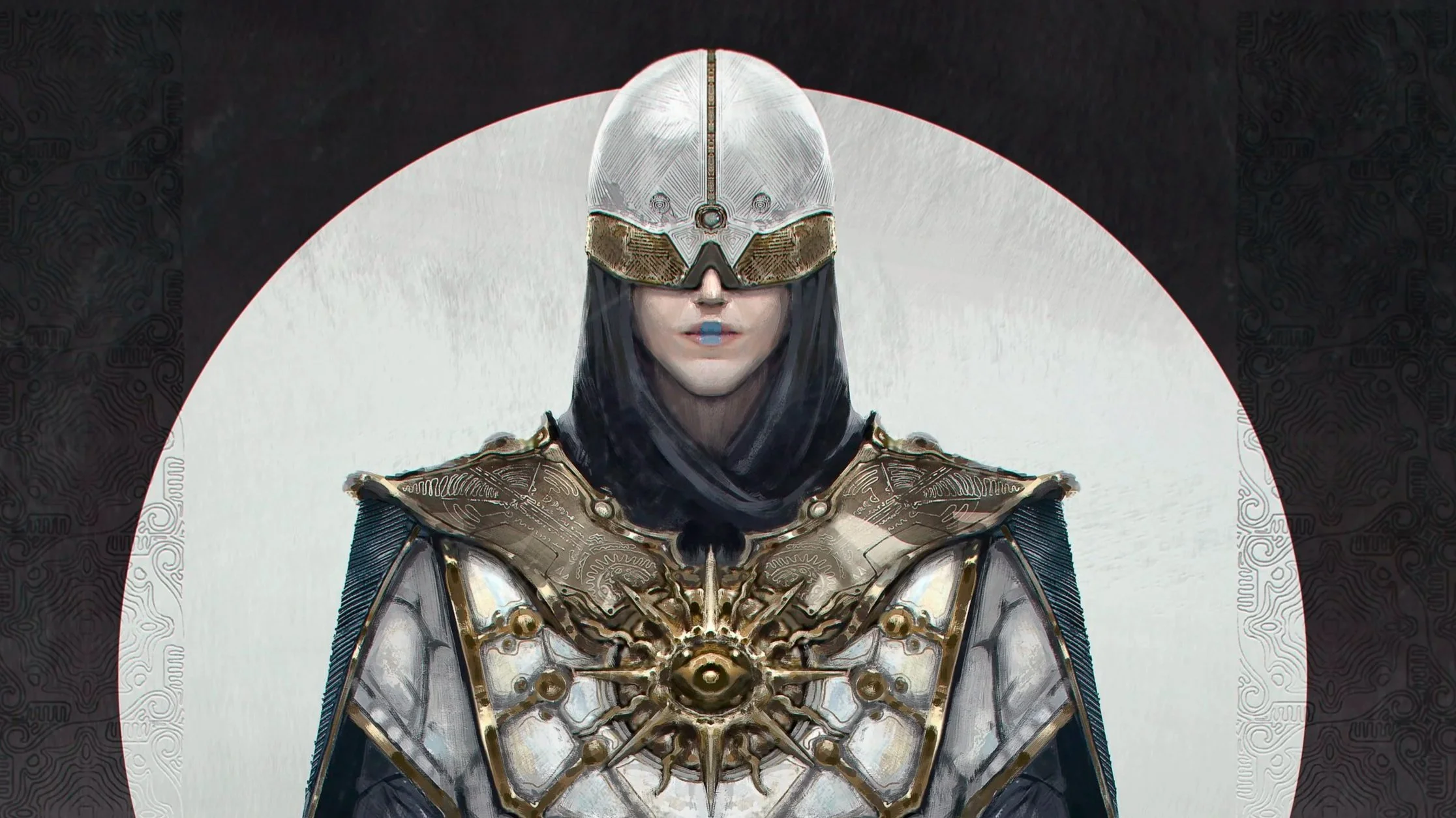 A person wearing a futuristic, intricate metallic armor with a helmet and visor, standing in front of a white and black background with decorative patterns, character concept art for Aren Dust visual development project, featuring the Truthseeker