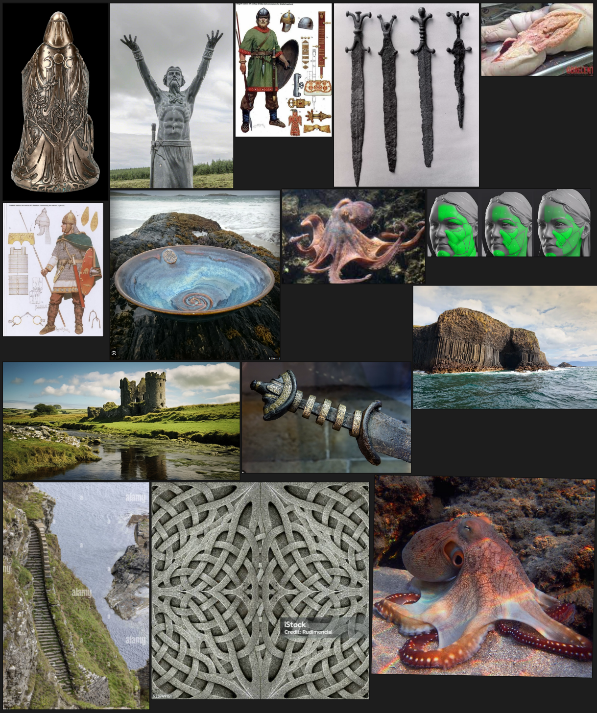 A collection of historical artifacts, ancient weapons, religious sculptures, and scenic photos of castles, coastlines, and underwater creatures including an octopus and a cuttlefish, core references for Belief