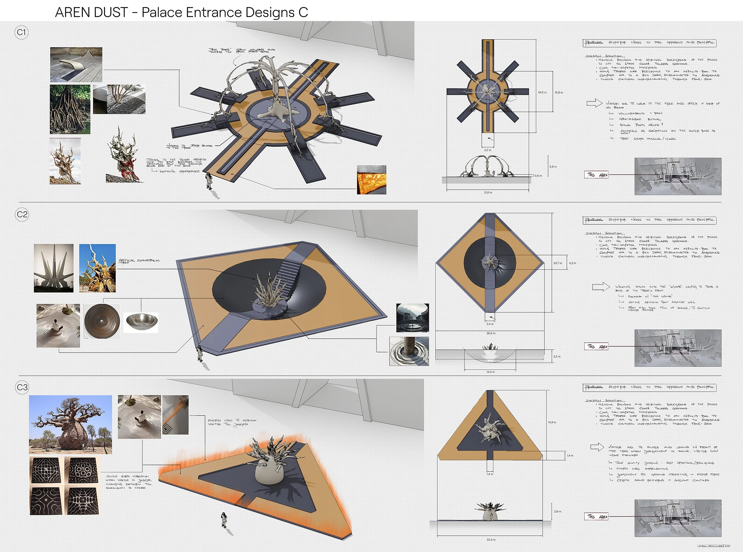 Design plans for Palace Entrance with various features including water fountains, water flow, and various architectural details, along with annotations and measurements, exploration sketches and notes for Aren Dust