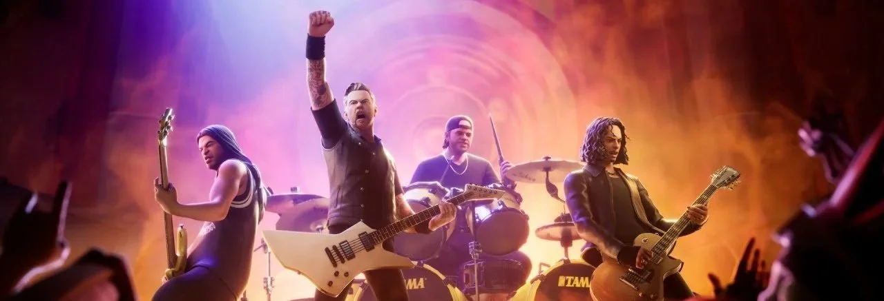 A band of five musicians performing on stage with colorful lighting and smoke effects, each playing electric guitar, drums, and other instruments.