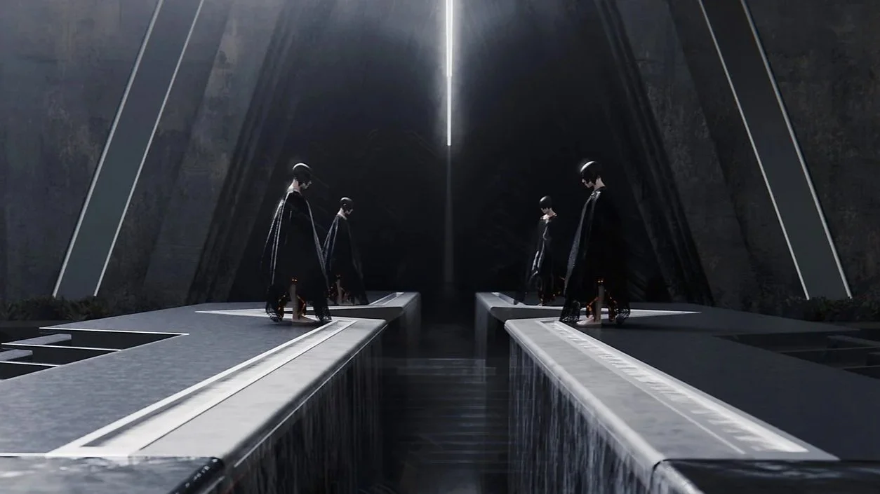 Cinematic shot of four people in black attire walking along elevated walkways toward a dark, futuristic building with tall, angular walls, keyart for Aren Dust visual development project