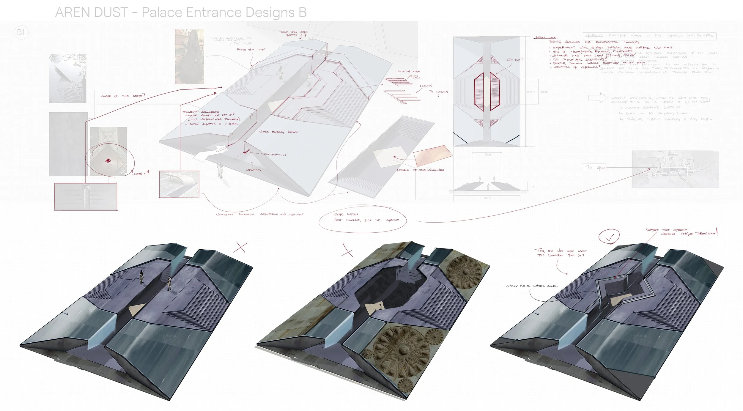 Design plans for Palace Entrance with various features including water fountains, water flow, and various architectural details, along with annotations and measurements, exploration sketches and notes for Aren Dust