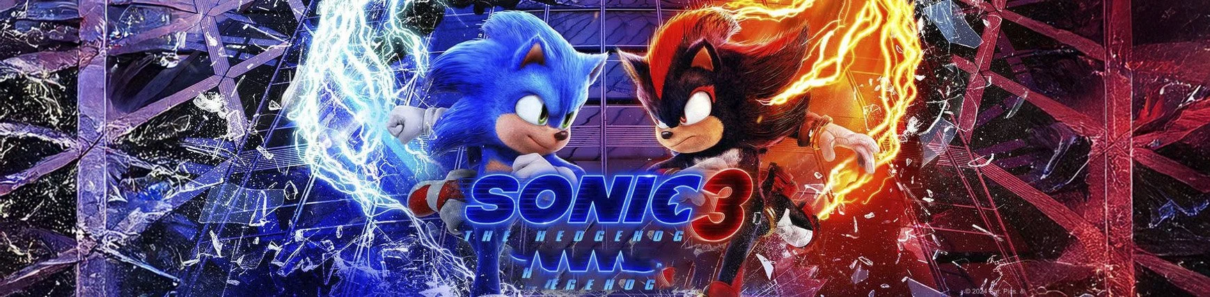 Colorful digital artwork featuring Sonic the Hedgehog and Shadow the Hedgehog battling with lightning effects, with the Sonic 3 logo in the center.
