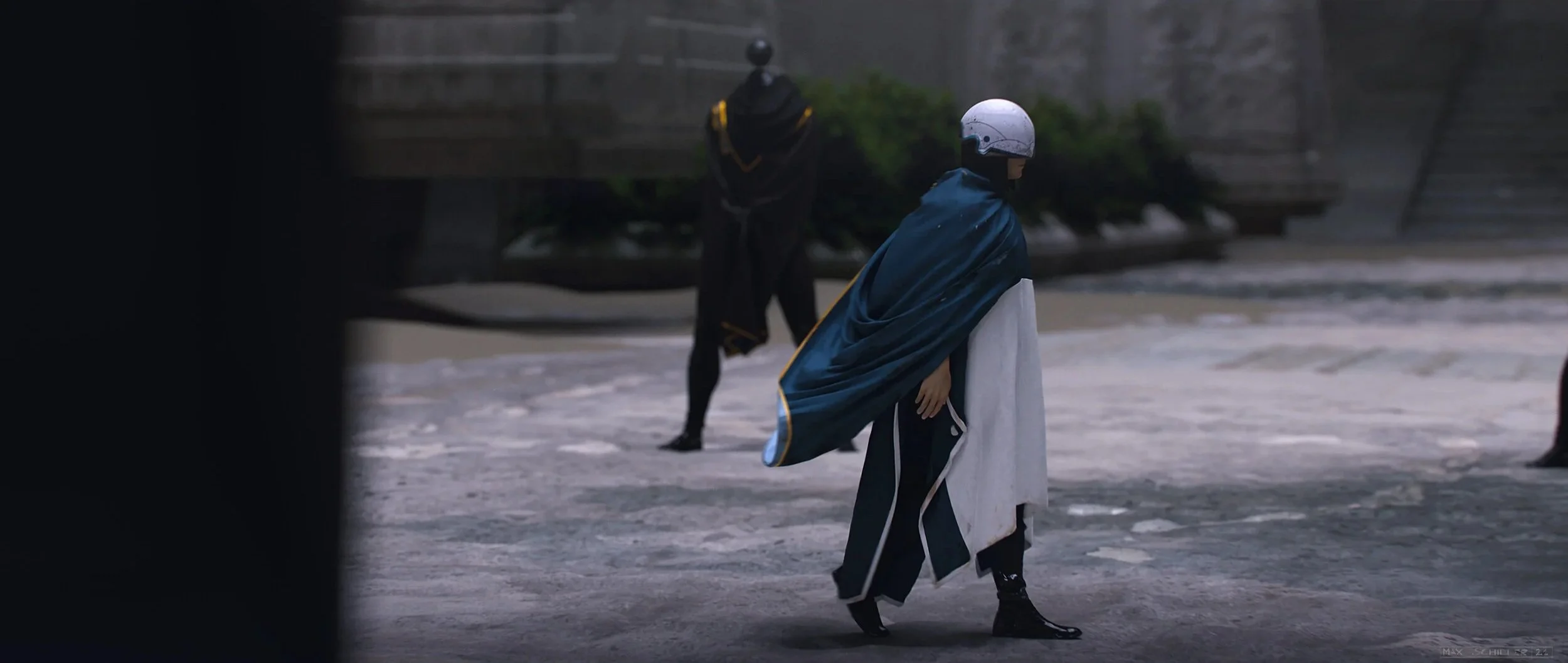 Cinematic long shot of a Truthseeker, with a helmet and black clothing, walking from left to right, keyart for Aren Dust