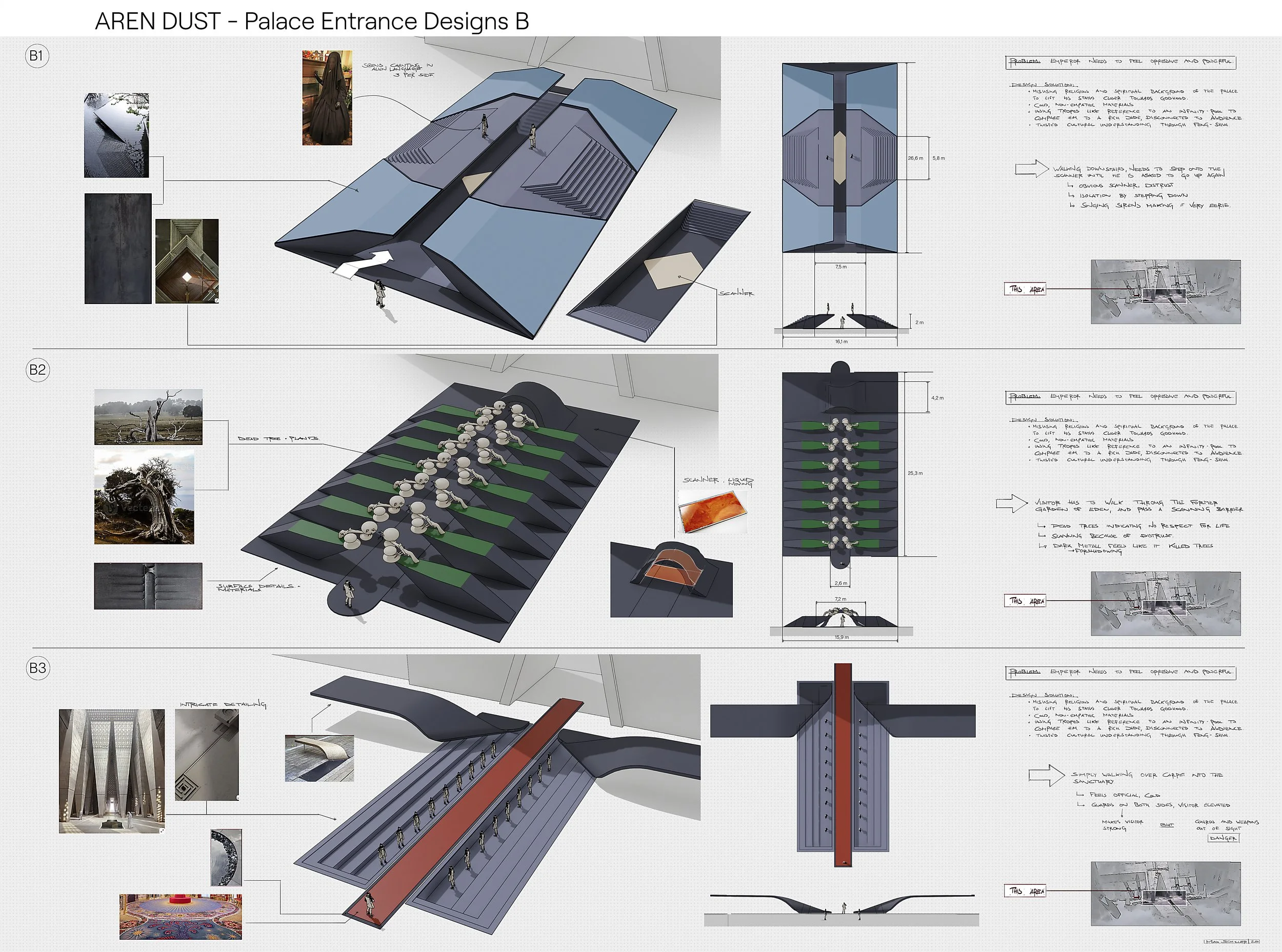 Design plans for Palace Entrance with various features including water fountains, water flow, and various architectural details, along with annotations and measurements, exploration sketches and notes for Aren Dust