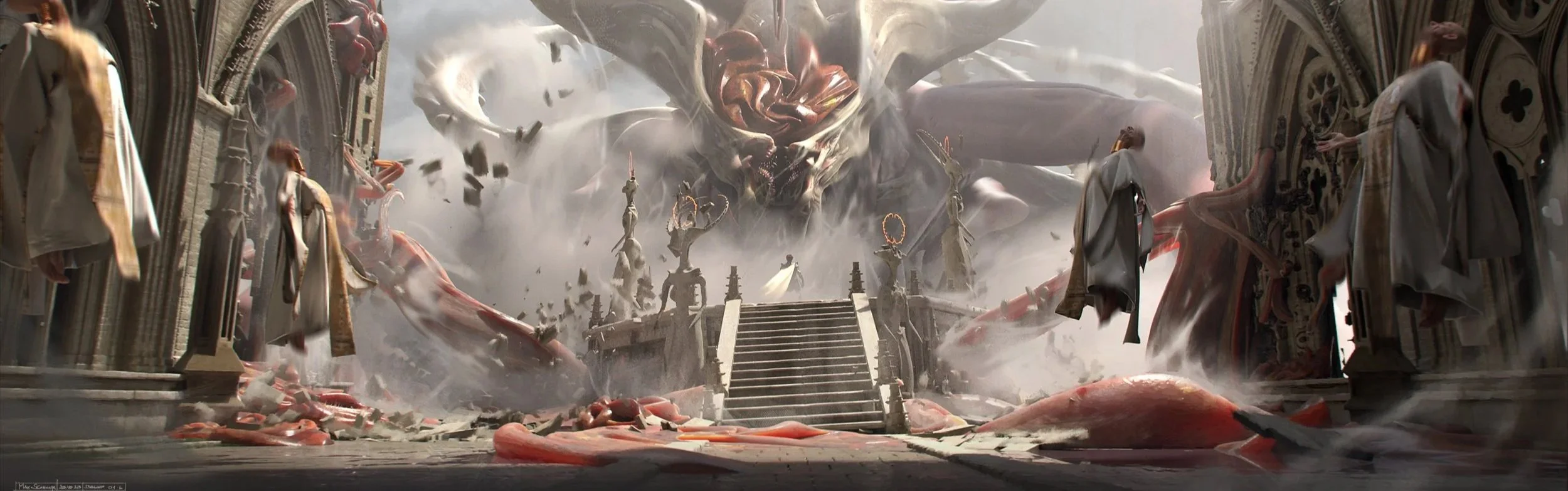 Cinematic wide shot for Belief, showing a large, menacing creature with horns attacking a grand cathedral-like structure with tall arches and intricate detailing, surrounded by flying debris and smoke.