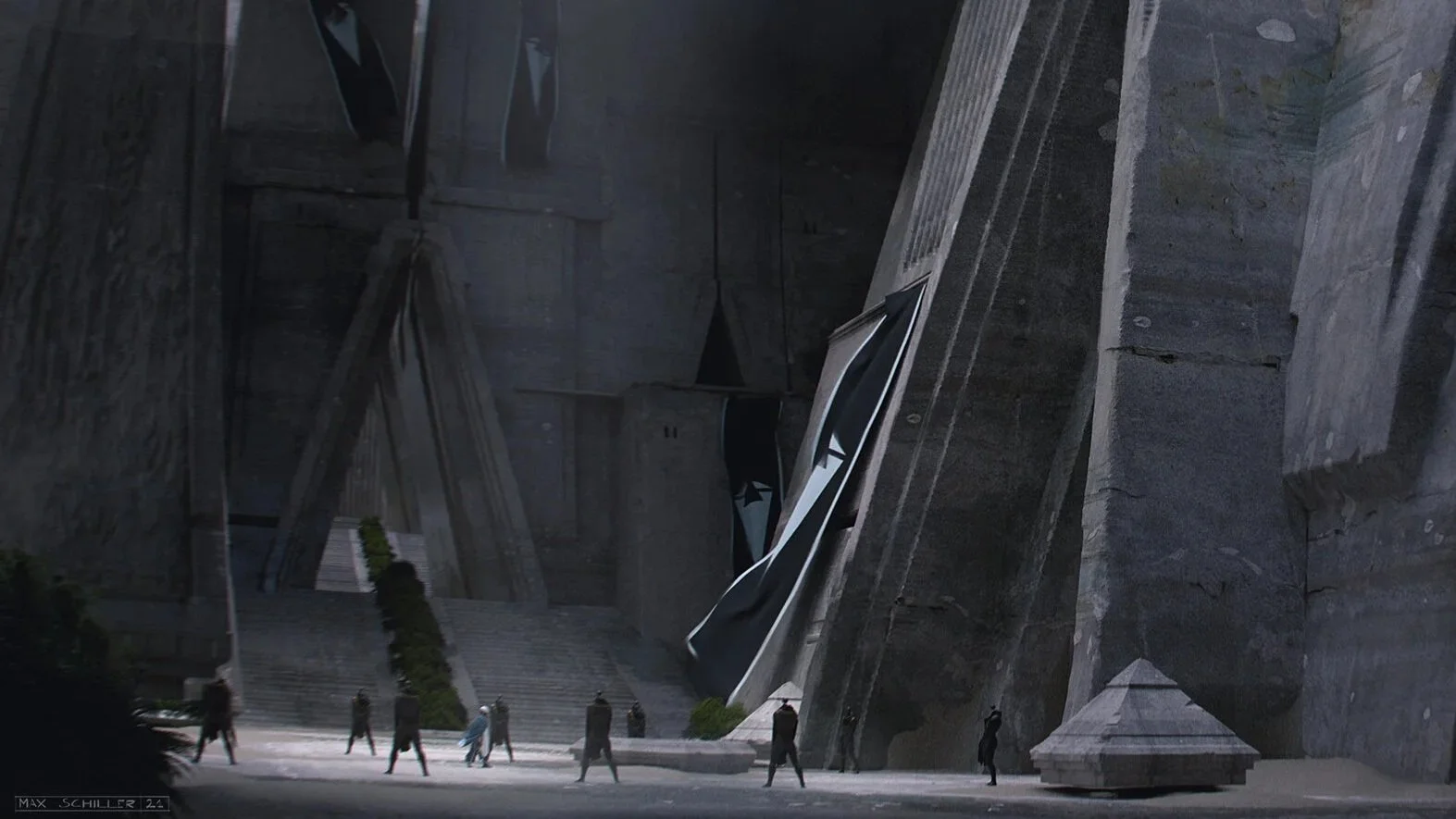 Cinematic wide shot of a large, surreal architectural structure with giant stone walls and stairs, concept art for Aren Dust worldbuilding project