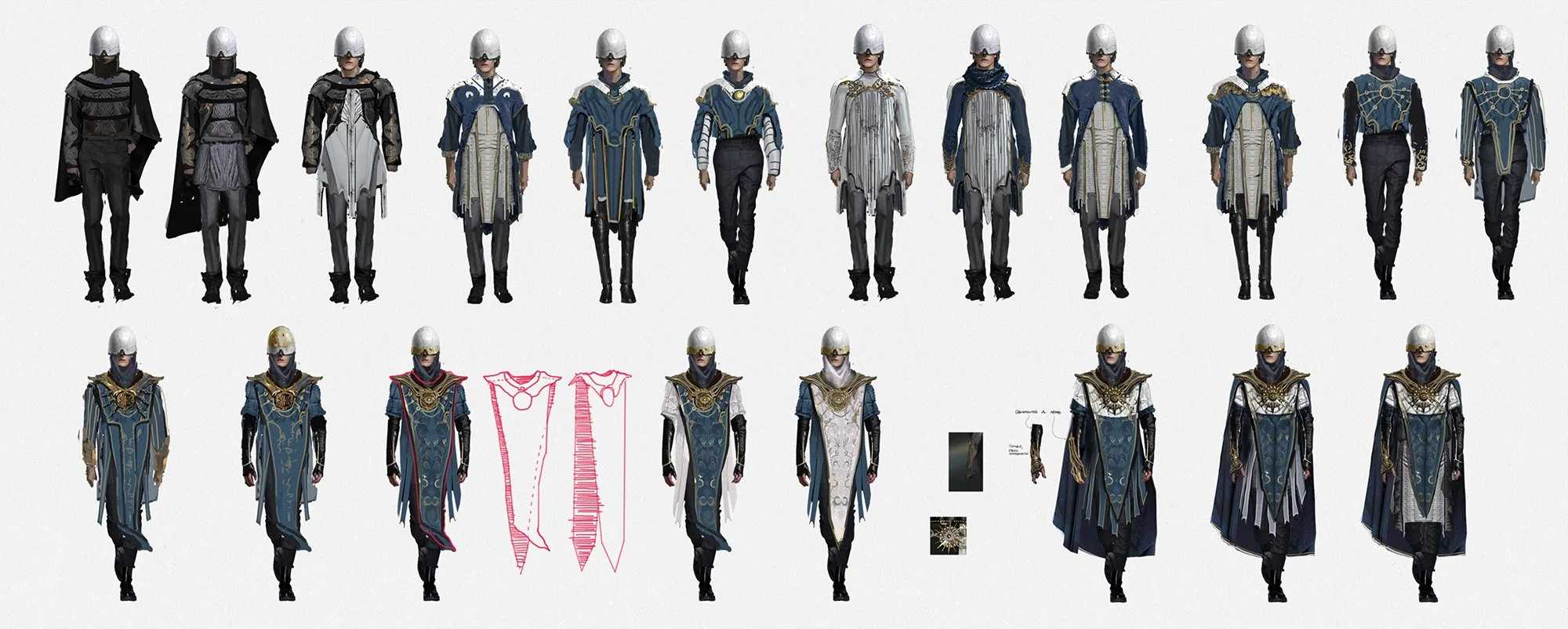 Design explorations for futuristic outfits featuring armor and helmets, arranged in two rows with detailed illustrations of fabric patterns and costume elements for the faction of the Truthseeker, character concept art for Aren Dust