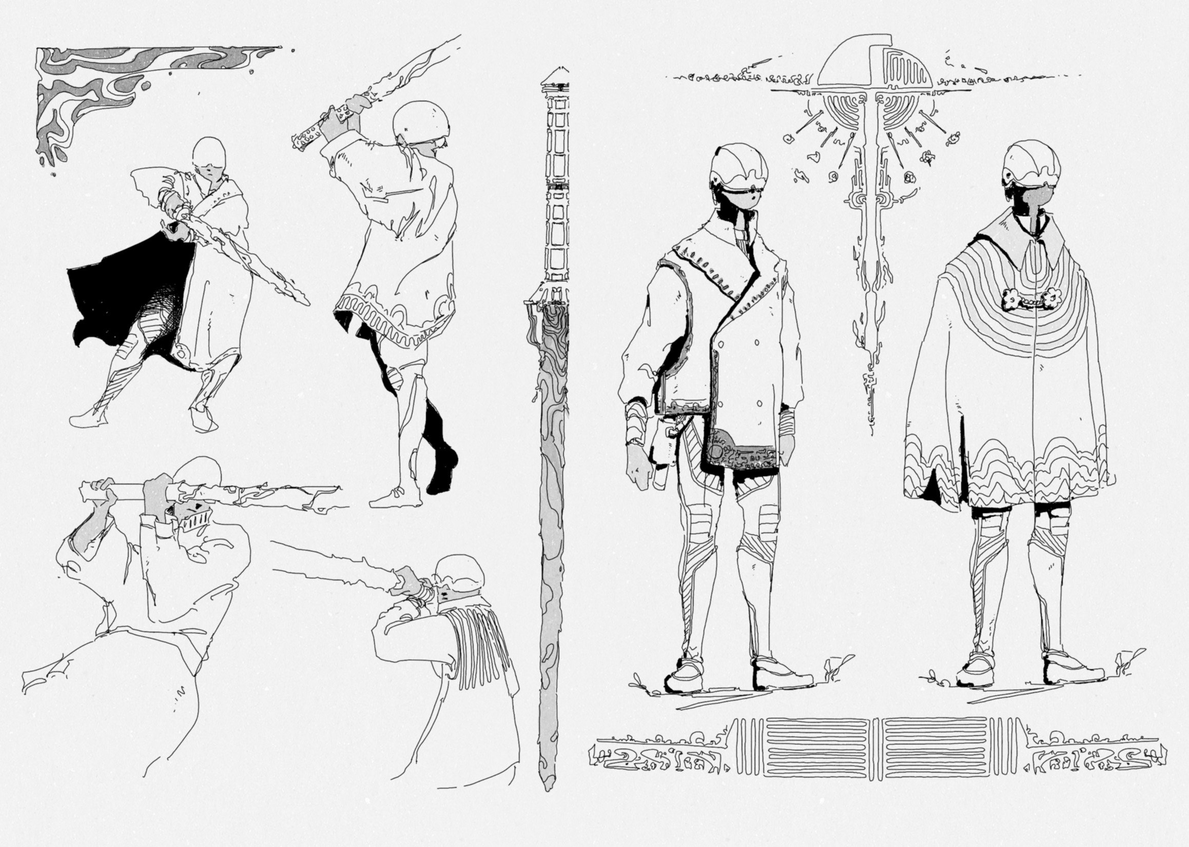 A collection of line drawings of characters with various armor, weapons, and robotic features, along with some geometric shapes and annotations, sketches for Aren Dust