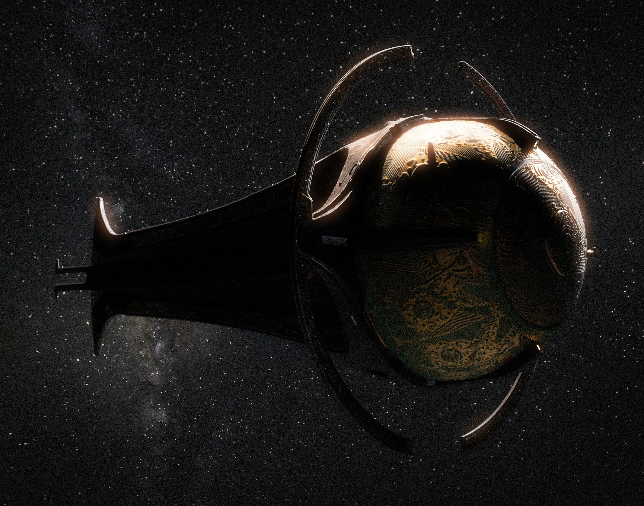 Close-up of a spaceship with gold and black intricate designs, floating in space with stars and nebulae in the background, key art for Aren Dust
