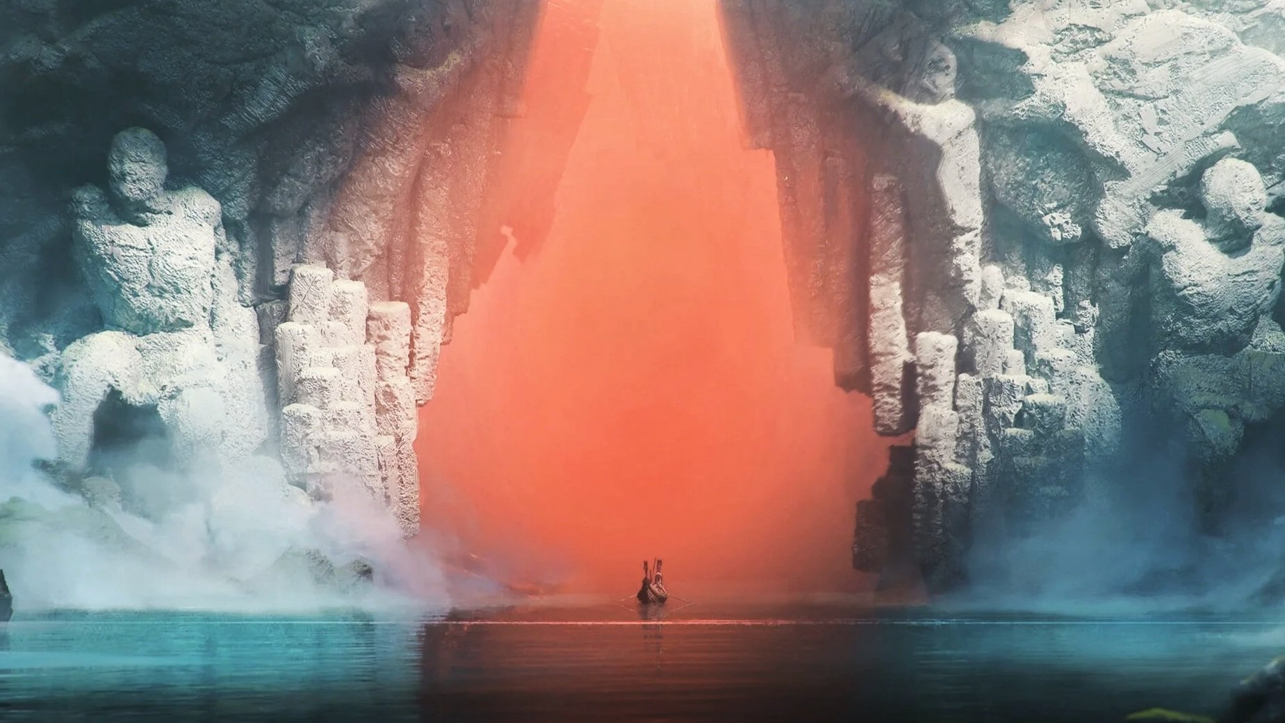 A long wide shot of a boat swimming towards a red magical gate, key art for King.