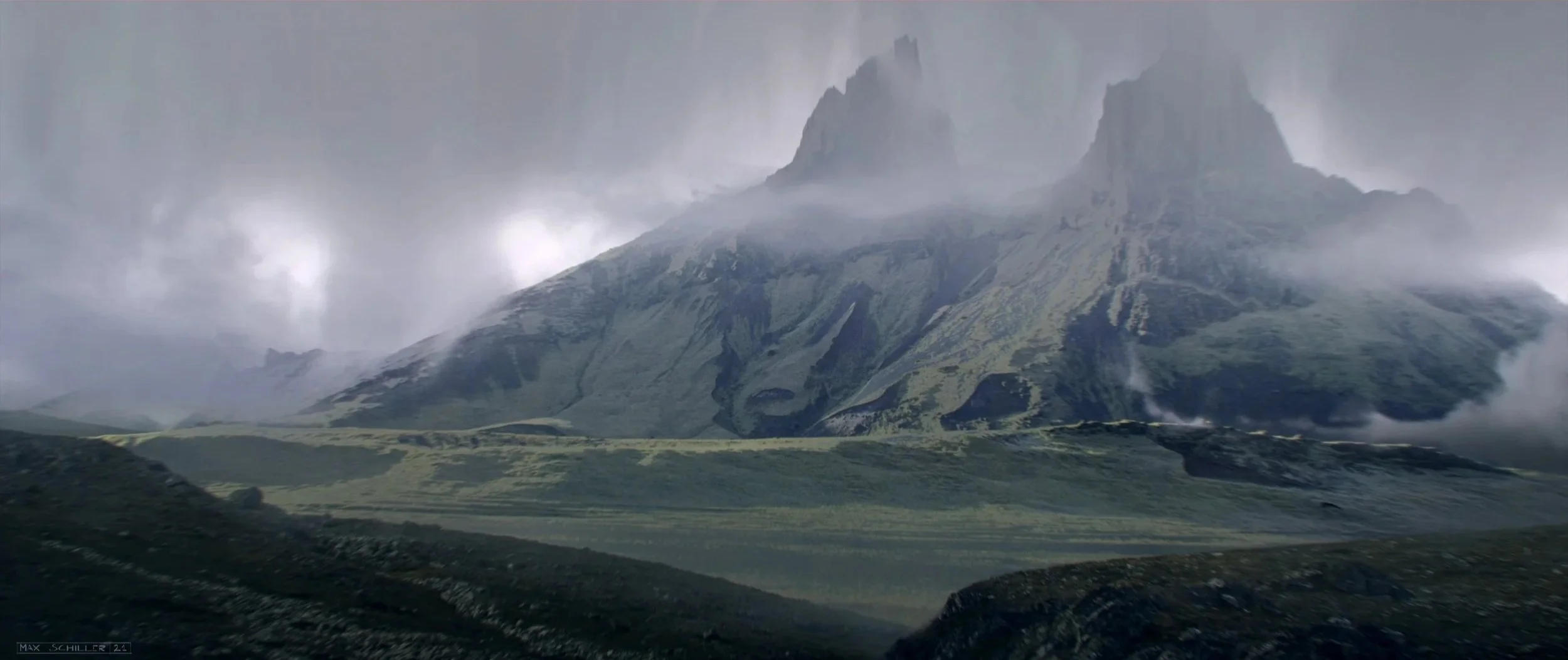 A rugged mountain landscape with steep peaks partially shrouded in clouds and fog, featuring green slopes and rocky terrain, environment concept art for King.