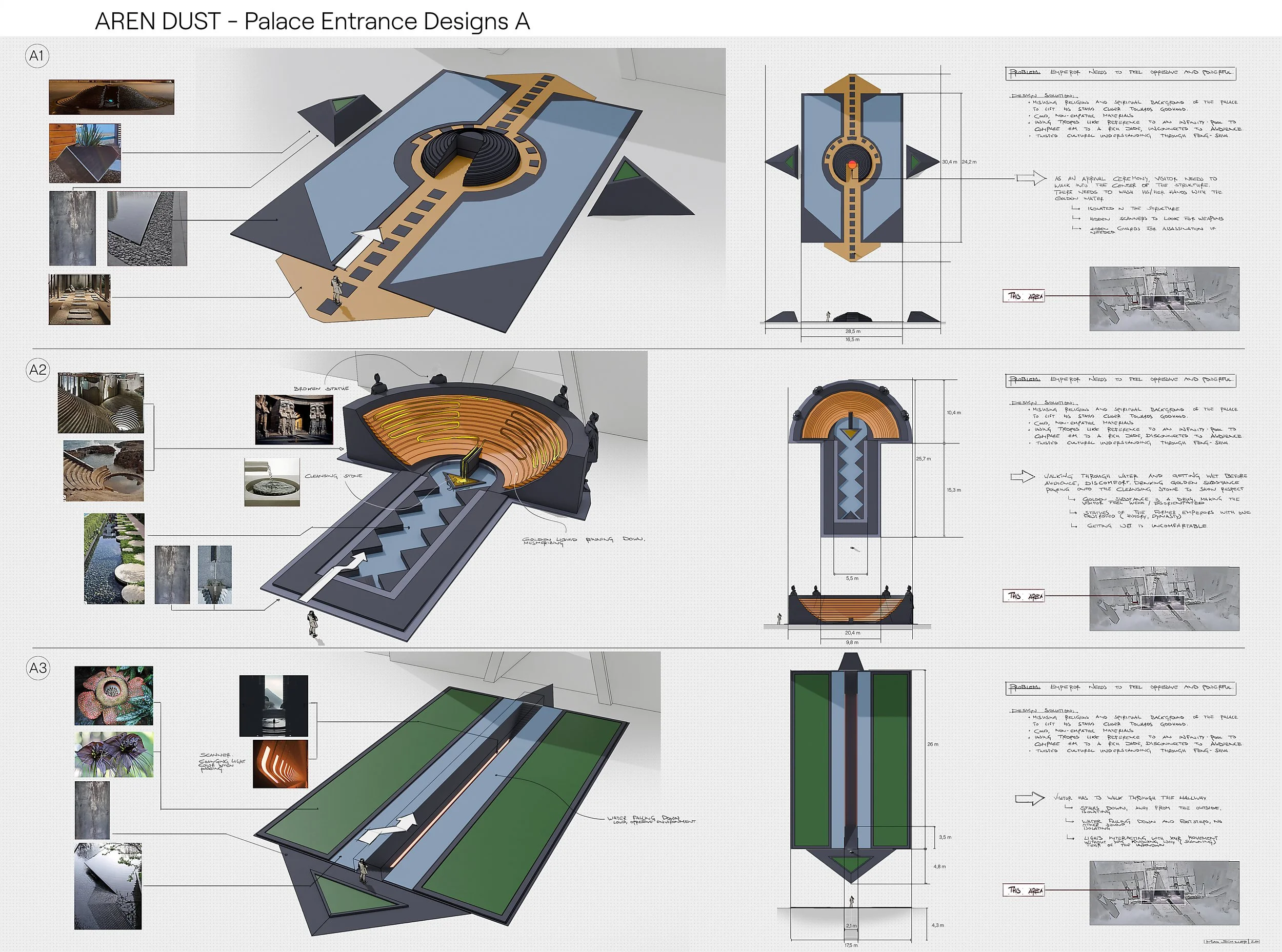Design plans for Palace Entrance with various features including water fountains, water flow, and various architectural details, along with annotations and measurements, exploration sketches and notes for Aren Dust