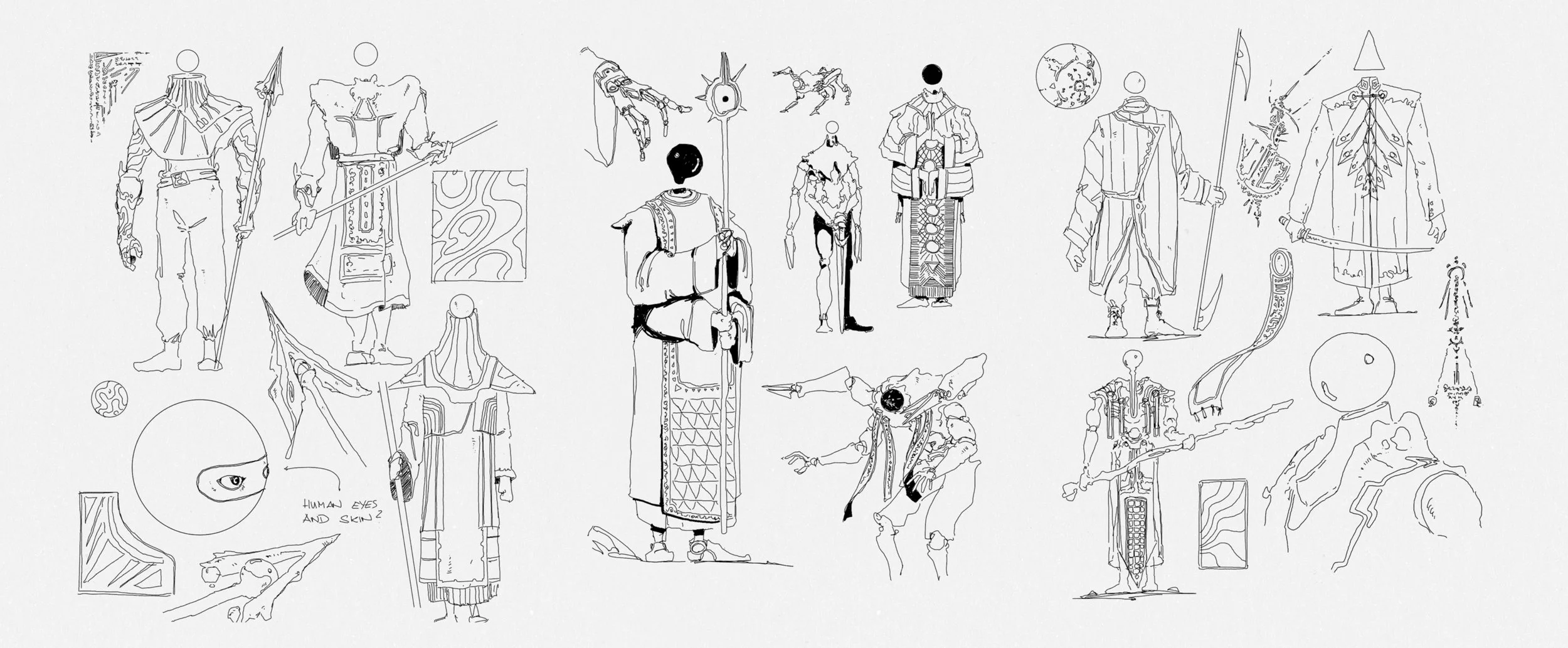 A collection of line drawings of humanoid and robotic characters with various armor, weapons, and robotic features, along with some geometric shapes and annotations, sketches for Aren Dust