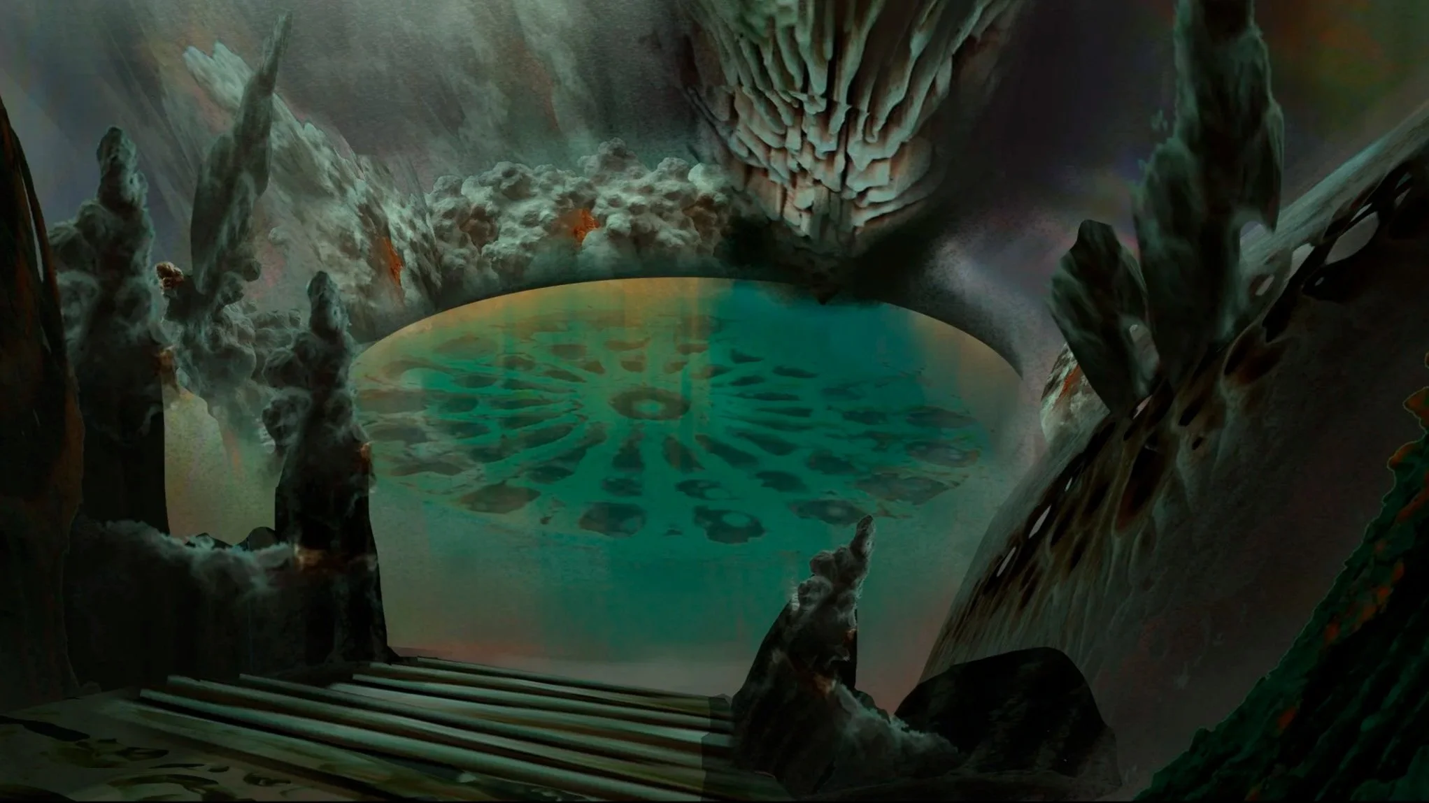 A surreal underground cavern with a pool of water reflecting an abstract circular pattern. The cavern walls are jagged and textured, with stalactites and stalagmites, creating a mysterious atmosphere, concept art for King
