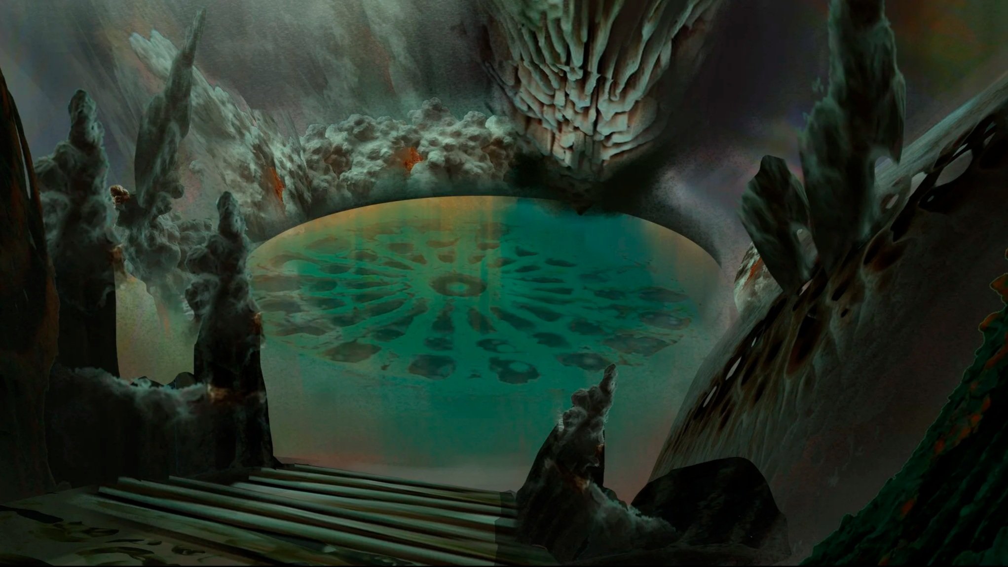 A surreal underground cavern with a pool of water reflecting an abstract circular pattern. The cavern walls are jagged and textured, with stalactites and stalagmites, creating a mysterious atmosphere, concept art for King