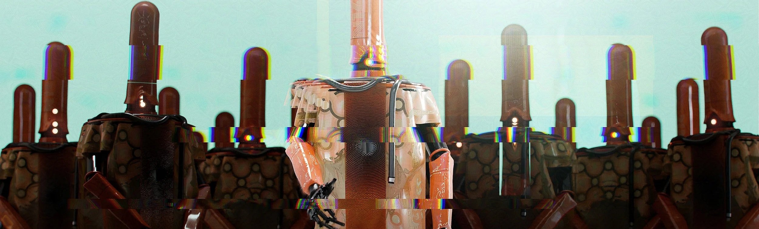 Cinematic long shot of stylized robots looking towards the viewer, keyframe for Virtuality