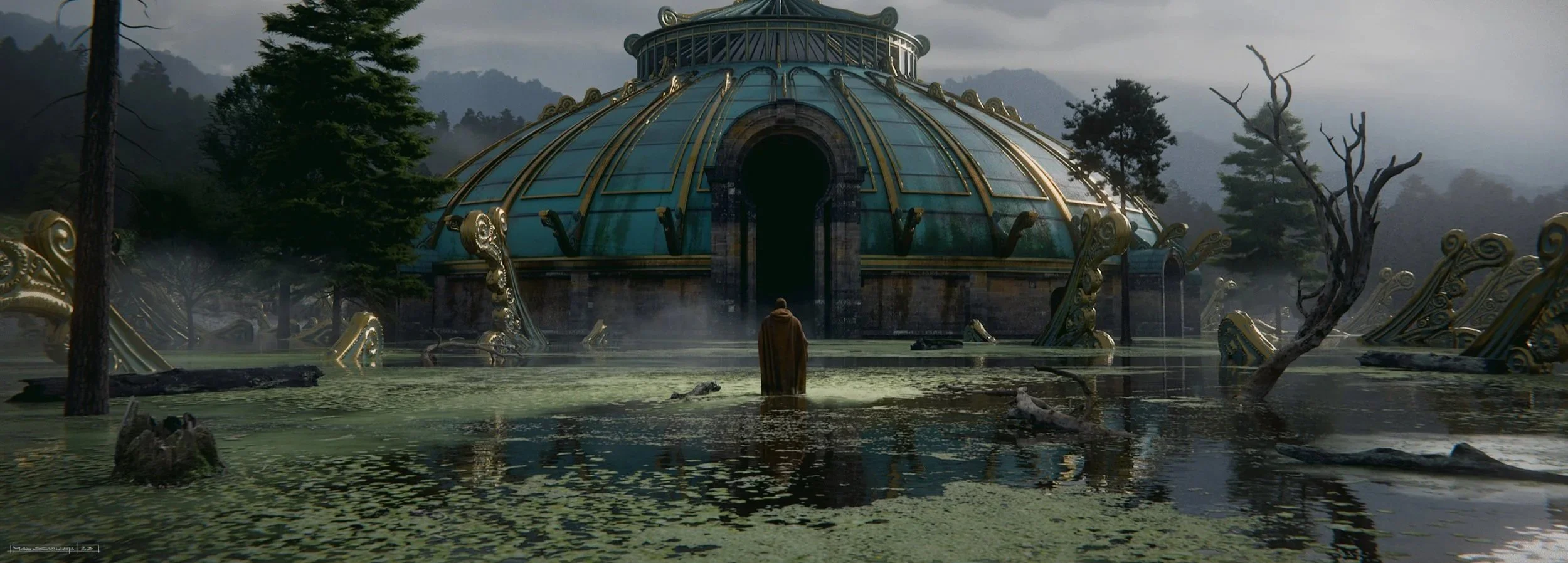 Cinematic wide shot of a warrior in a brown cloak in front of an ancient building, keyframe for King visual development project
