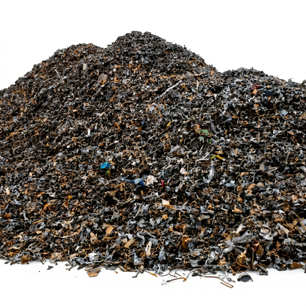 Close-up of a large pile of shredded black tire rubber on a white background.