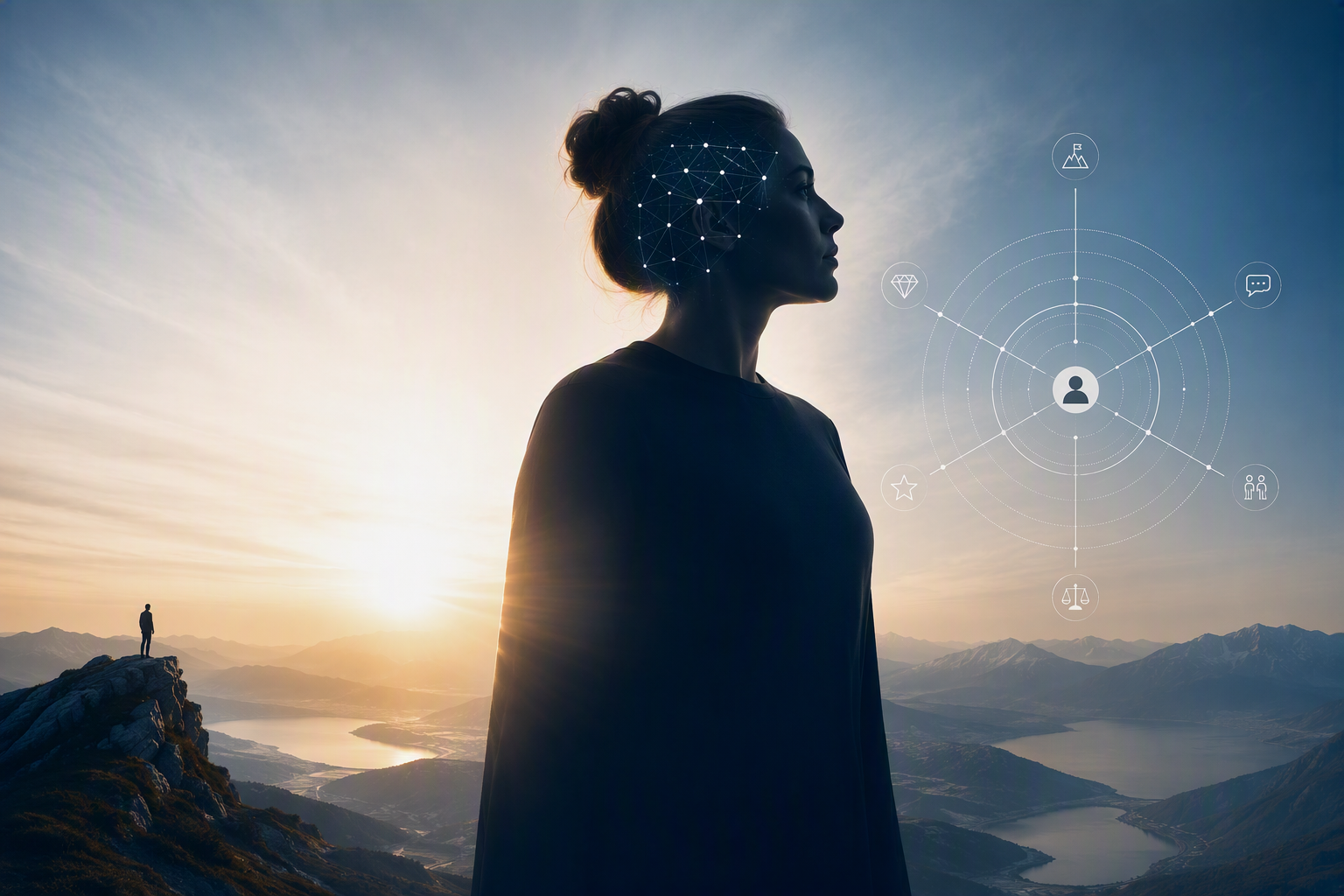 Person als Silhouette vor Berglandschaft mit abstrahierter Netzwerkstruktur und symbolischer Persönlichkeitsanalyse für den LINC Personality Profiler mit Melanie Harms-Ensink