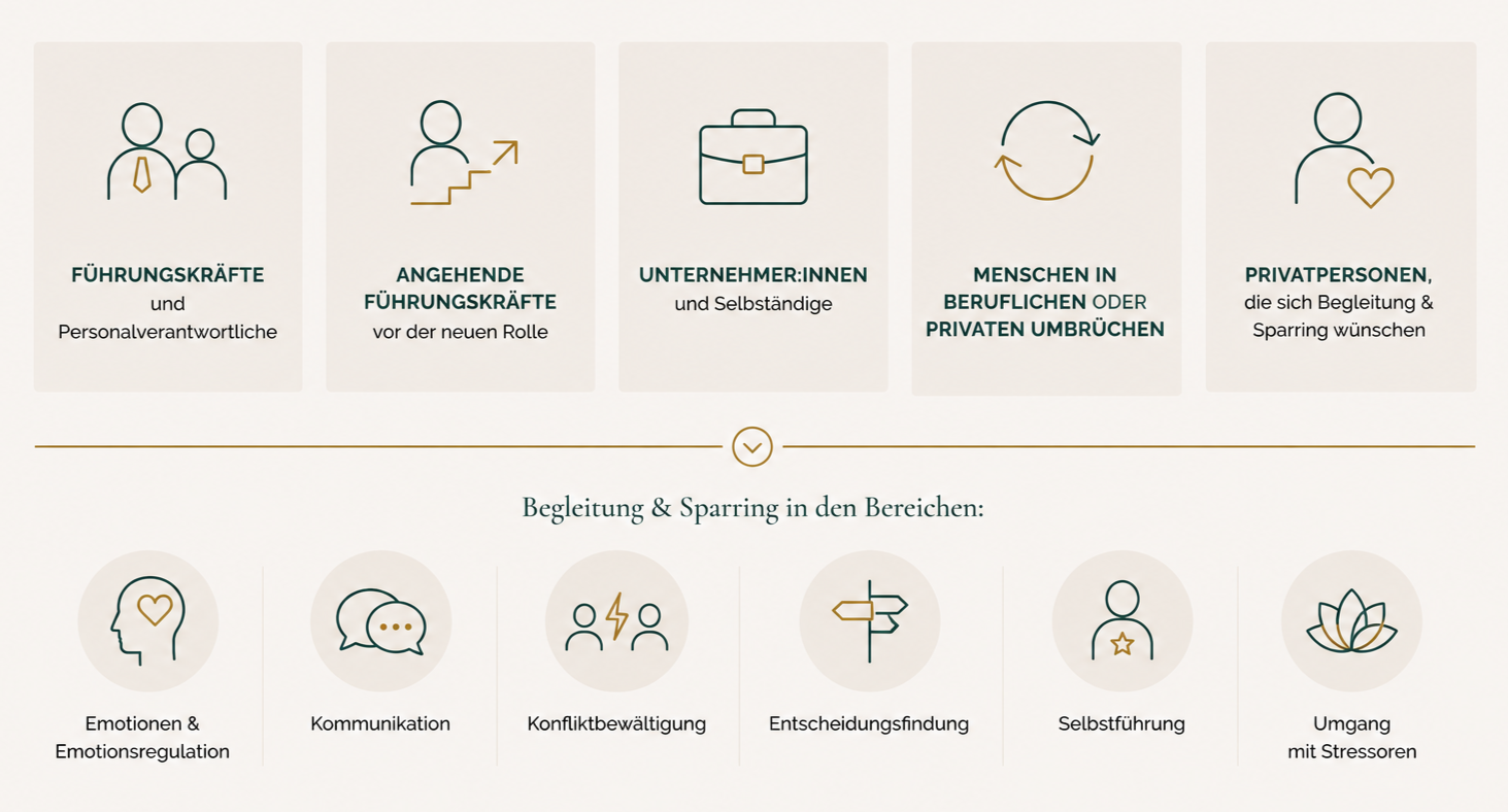 Grafik mit Icons und Texten zu Führungskräften, aufstrebenden Führungskräften, Unternehmern, Menschen im beruflichen oder privaten Umbruch und Privatpersonen. Bereichsübersicht mit Icons für Emotionen, Kommunikation, Konfliktlösung, Entscheidungsfindung, Selbstführung und Stressmanagement.