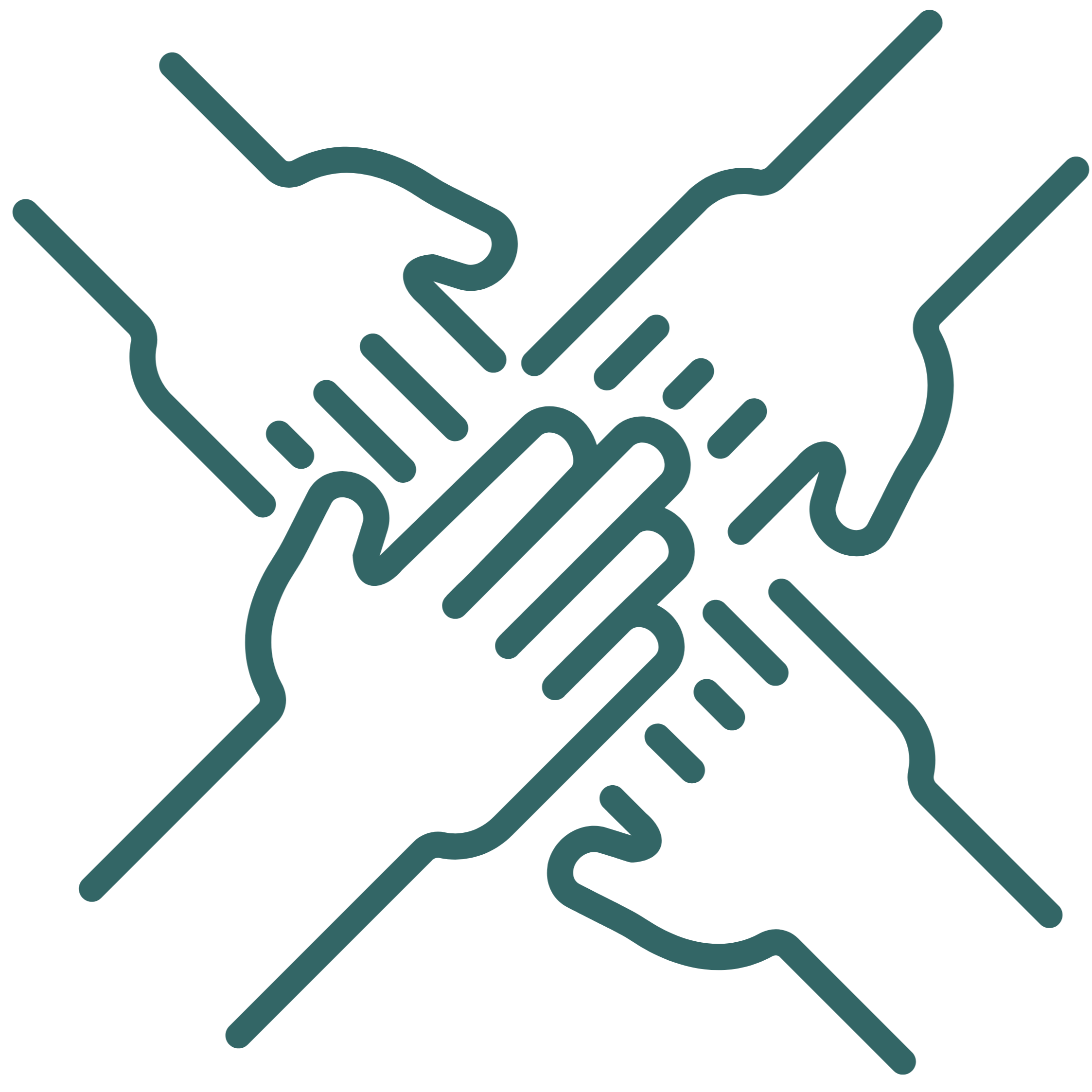 Vier Hände in dunklem Blau auf schwarzem Hintergrund greifen in die Mitte. Symbol für Teamentwicklung, Teambuilding. Verbesserte Zusammenarbeit: