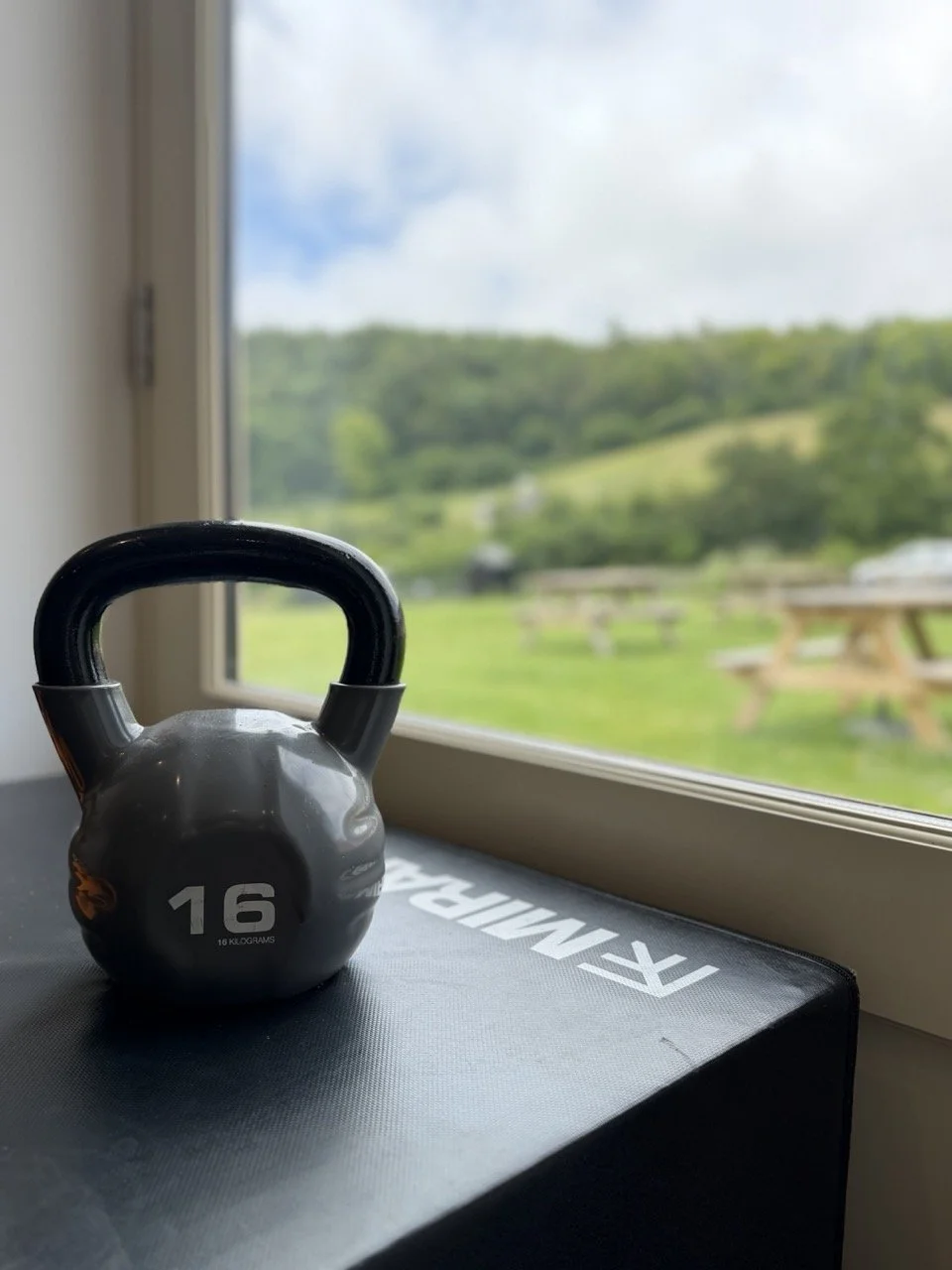 A gray kettlebell with the number 16 on it resting on a black box near a window with a view of green hills and a cloudy sky.